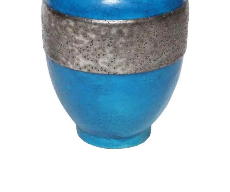 Modern Raoul Lachenal Blue Crackle Glaze Ceramic Vase with Band, circa 1930s - 1940s For Sale