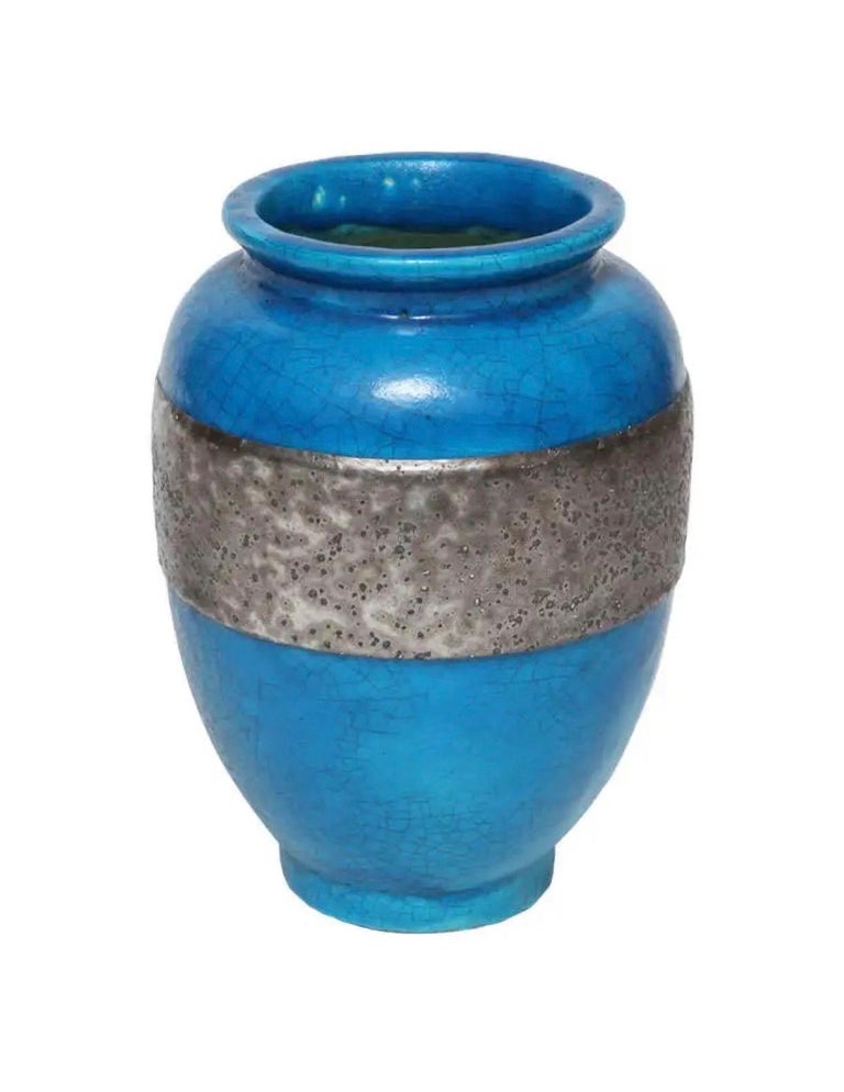 French Raoul Lachenal Blue Crackle Glaze Ceramic Vase with Band, circa 1930s - 1940s For Sale