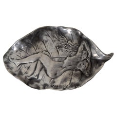 Raoul Larche, catchall, Proof in Pewter Cast Iron, Nude On a Leaf, Signed