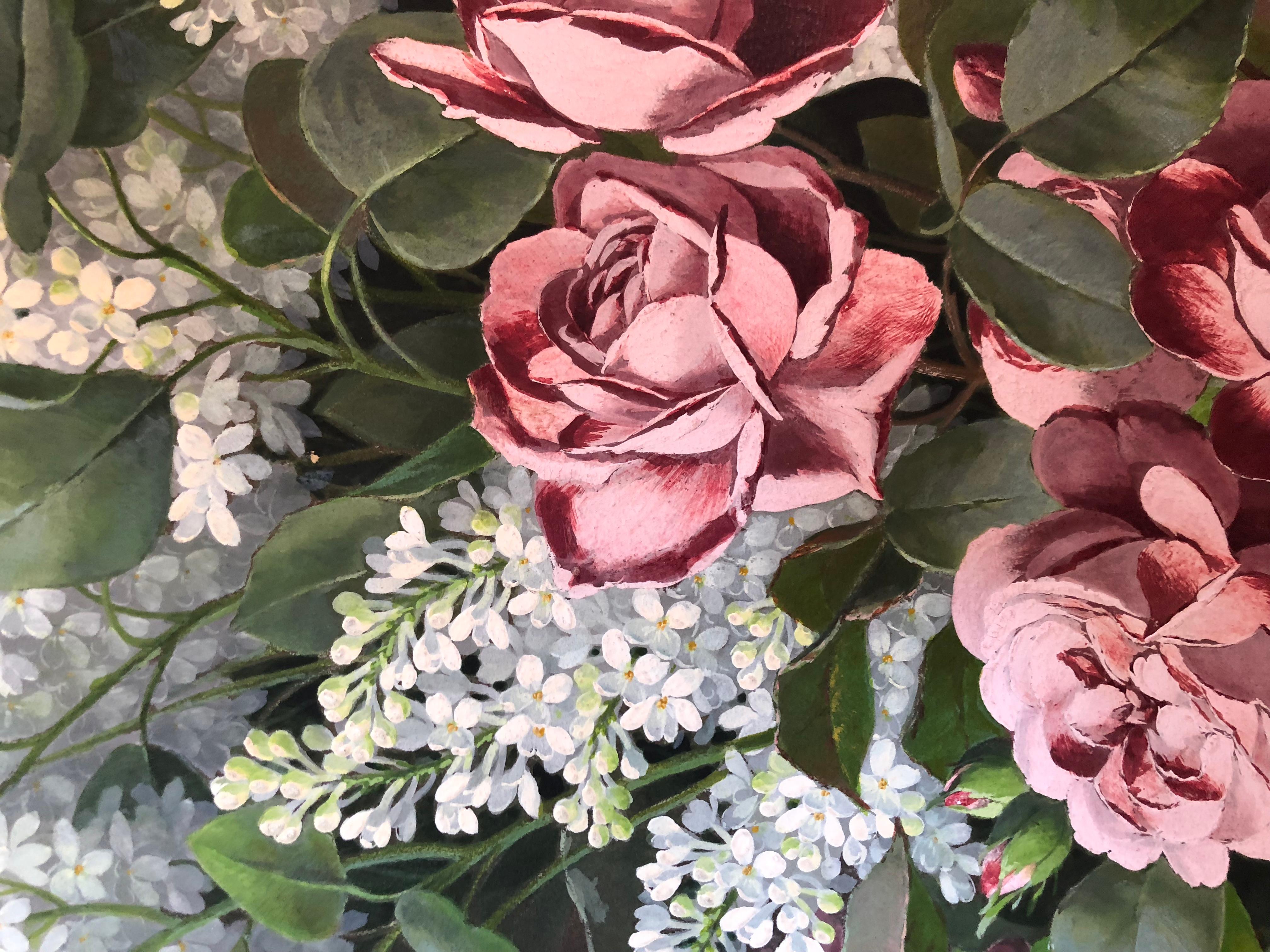 American Raoul M. De Longpre, Watercolor and Gouache, Roses and Lilacs For Sale