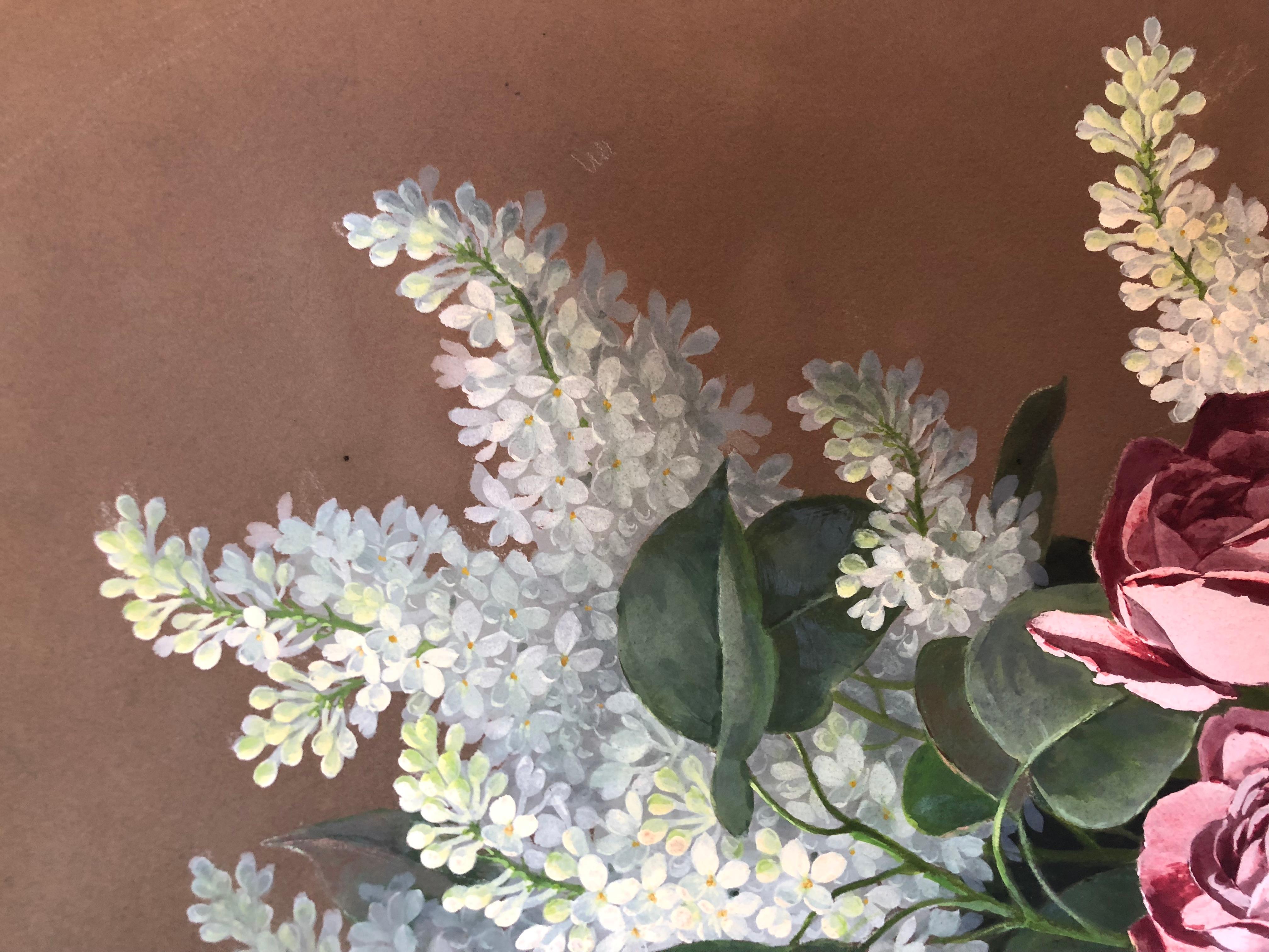 Raoul M. De Longpre, Watercolor and Gouache, Roses and Lilacs In Fair Condition For Sale In Seattle, WA