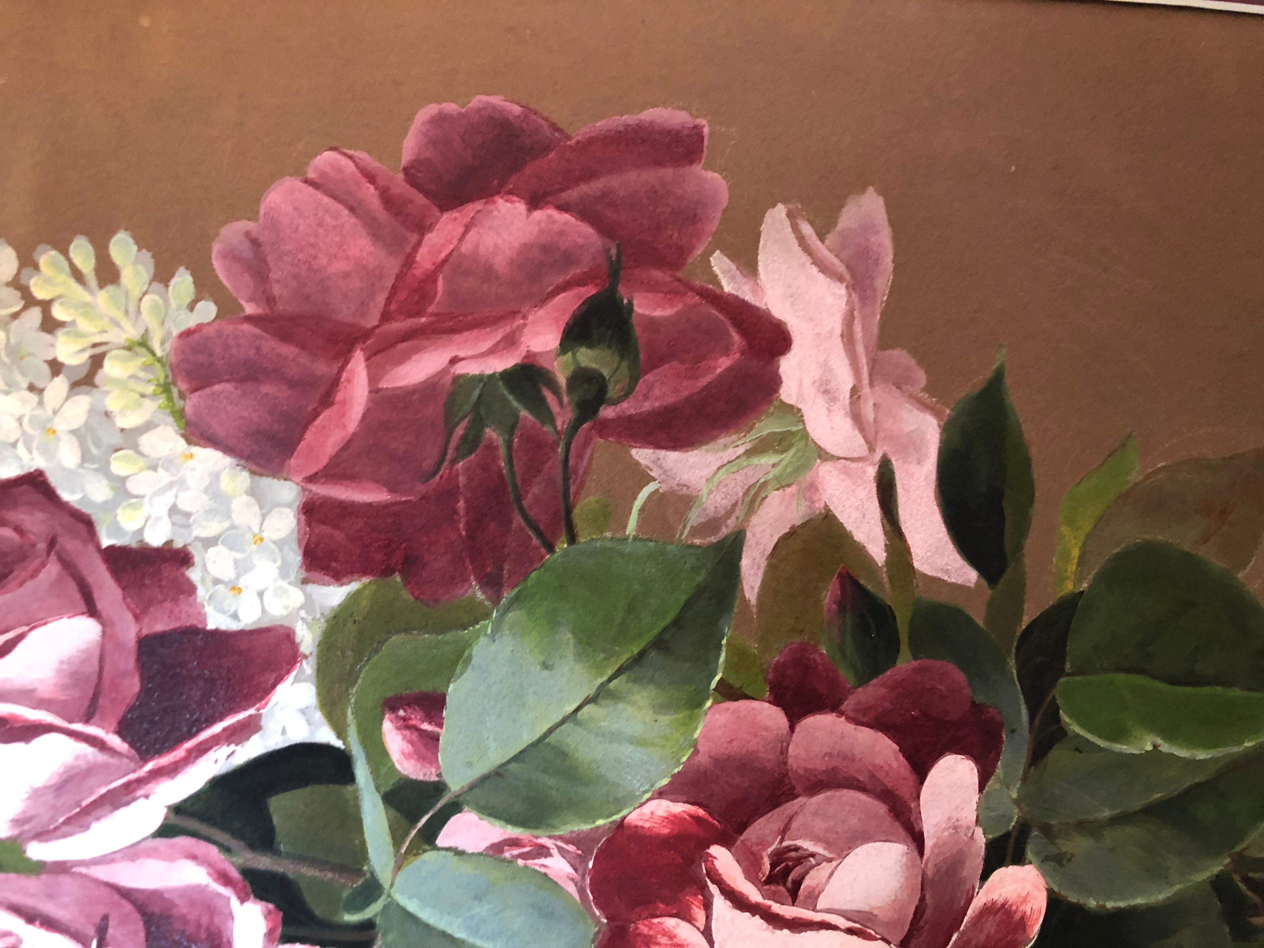 Late 19th Century Raoul M. De Longpre, Watercolor and Gouache, Roses and Lilacs For Sale