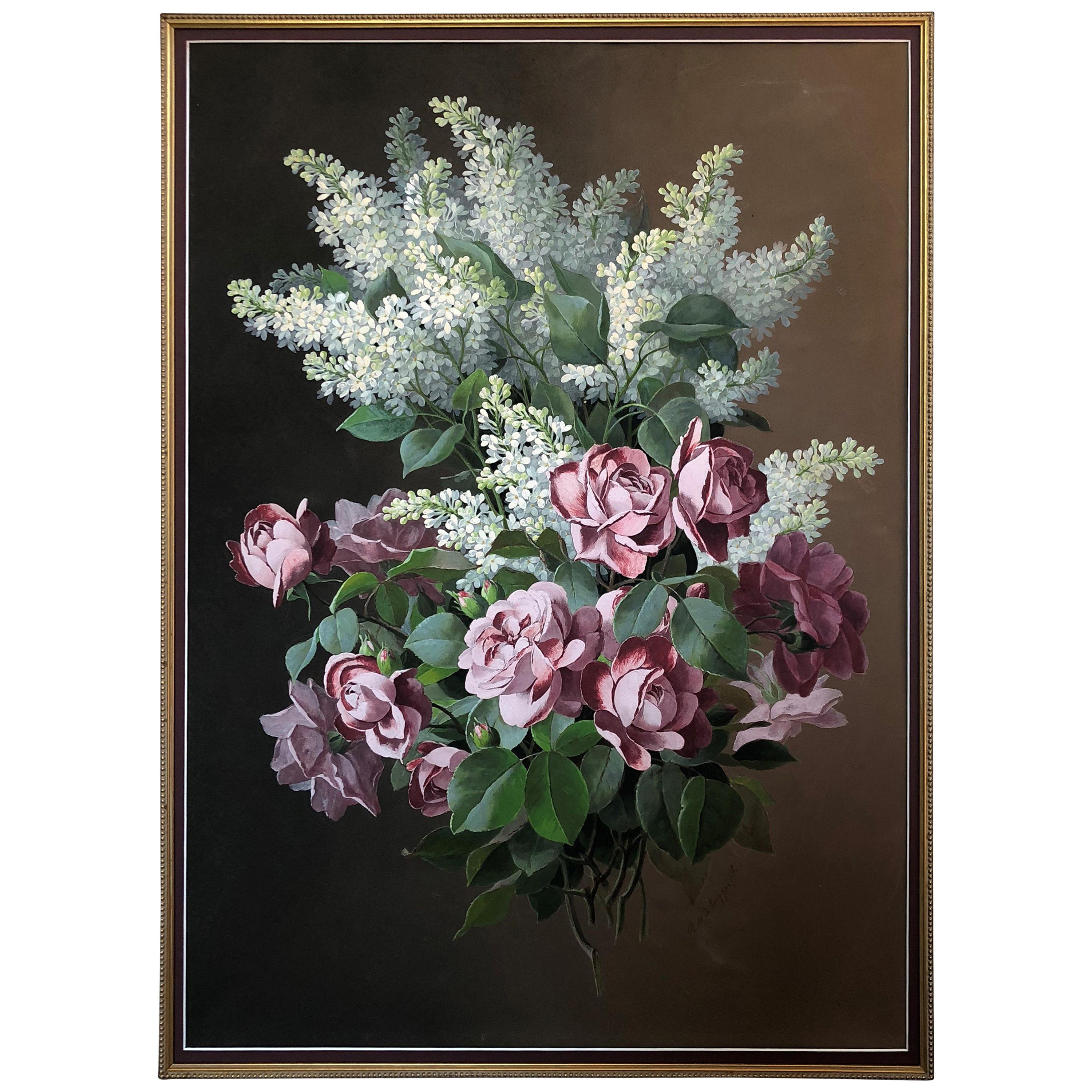 Raoul M. De Longpre, Watercolor and Gouache, Roses and Lilacs For Sale