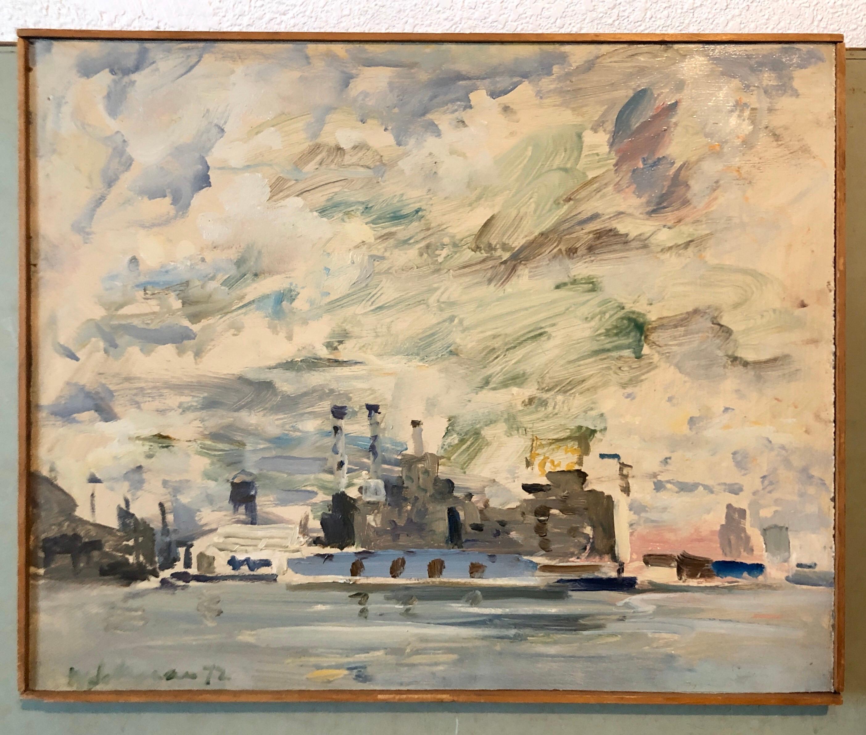1972 Pintura al óleo gestual Barco en el puerto Abstracción figurativa Raoul Middleman en venta 10