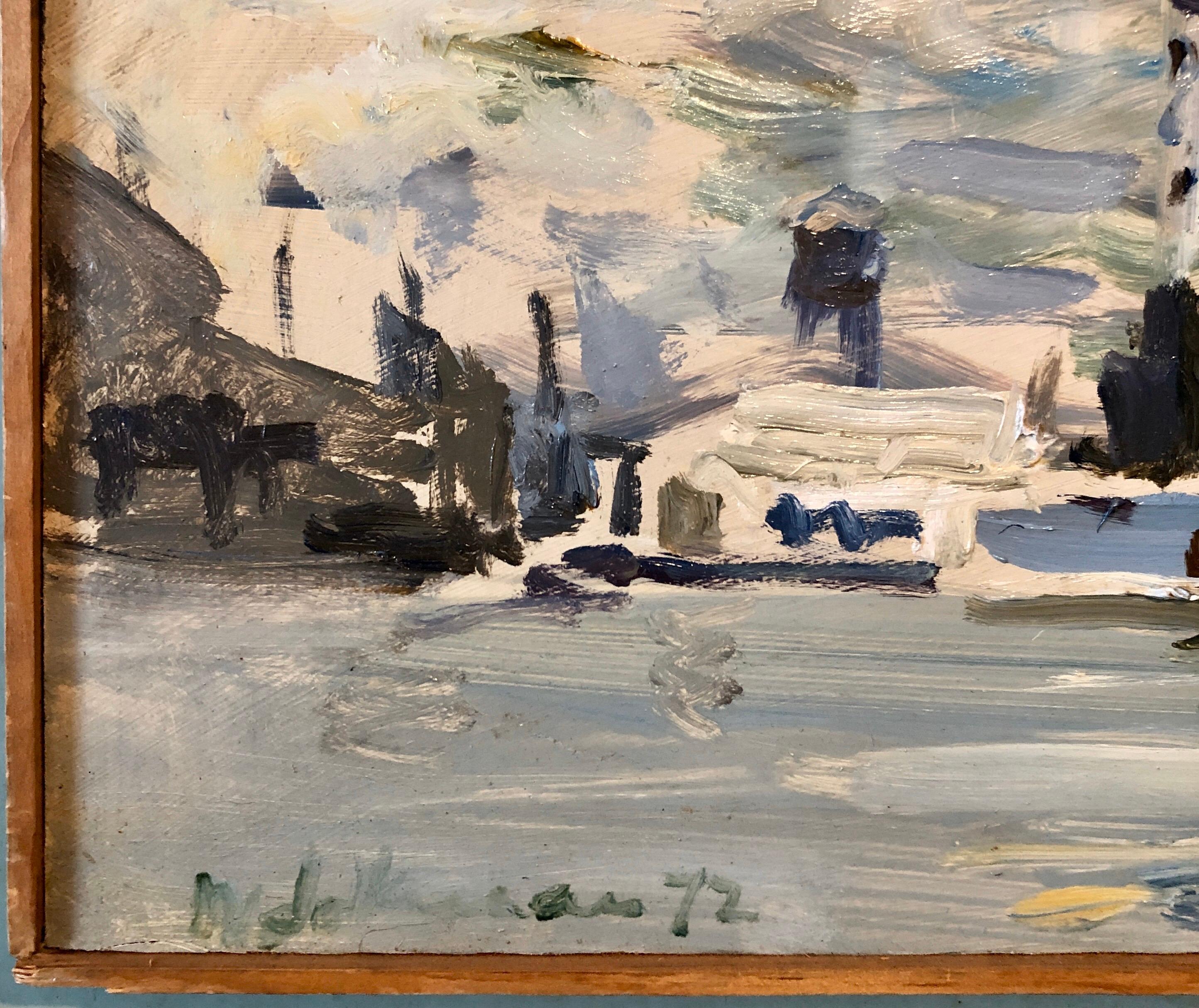 1972 Pintura al óleo gestual Barco en el puerto Abstracción figurativa Raoul Middleman en venta 1