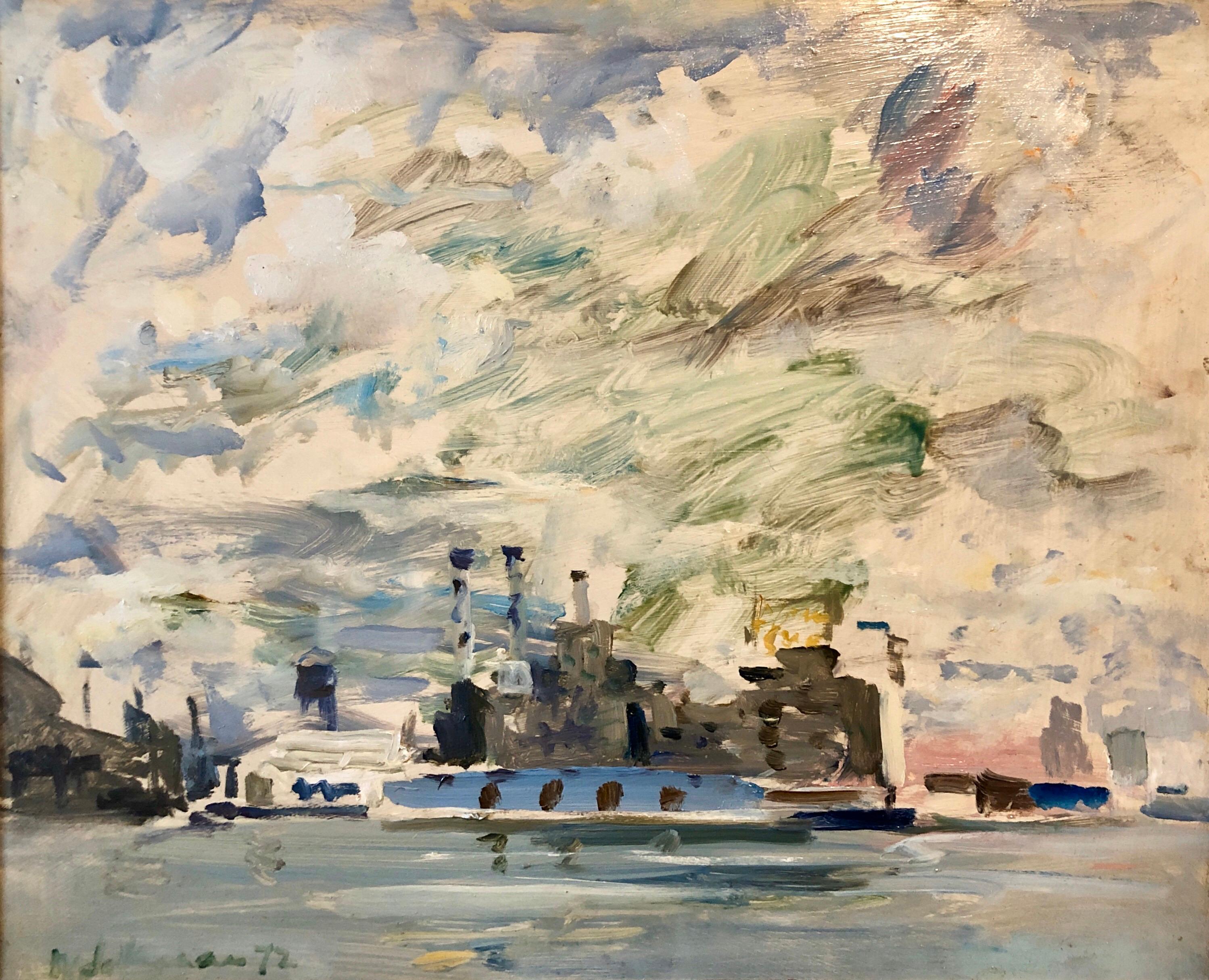 1972 Pintura al óleo gestual Barco en el puerto Abstracción figurativa Raoul Middleman en venta 2