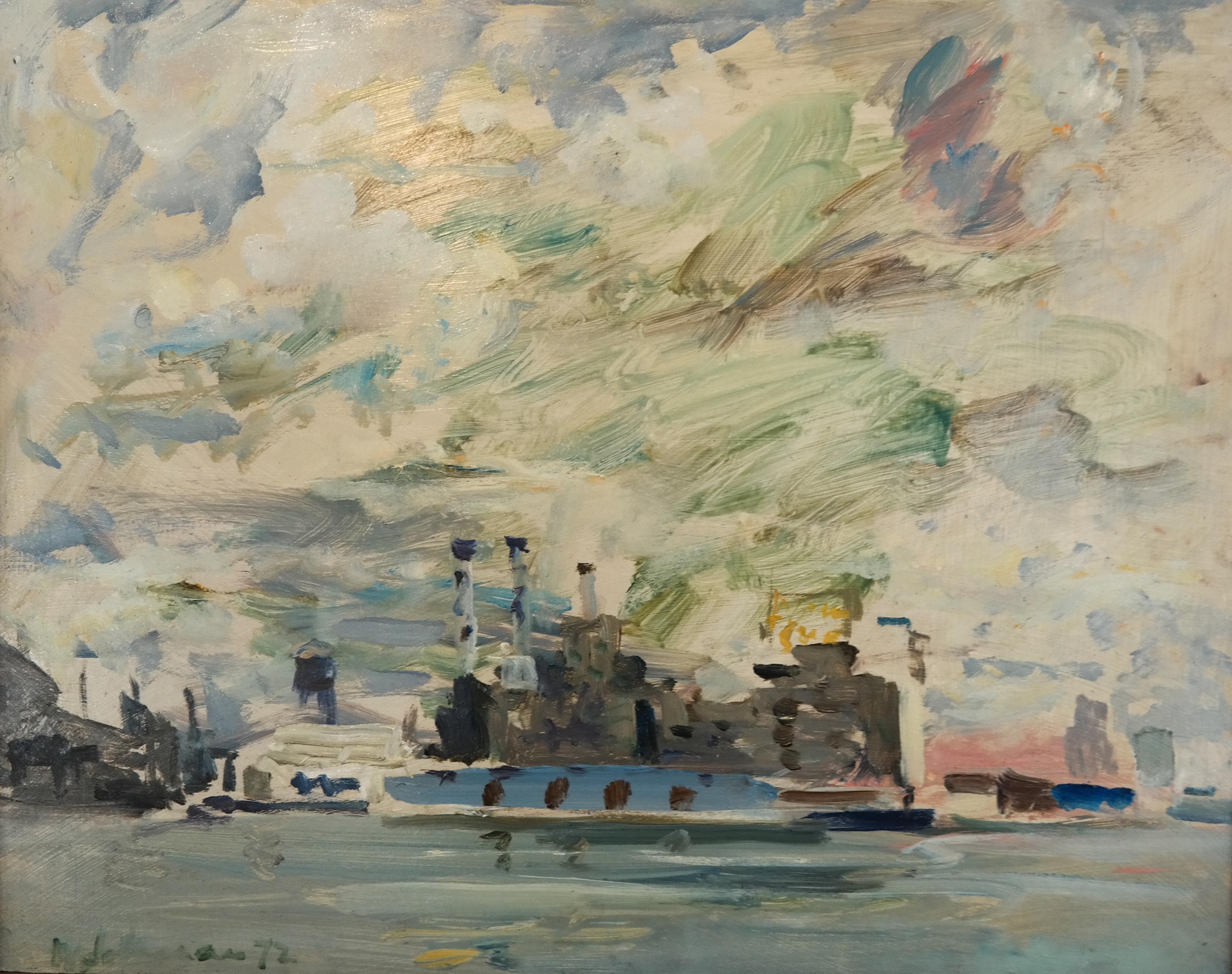 1972 Pintura al óleo gestual Barco en el puerto Abstracción figurativa Raoul Middleman en venta 3