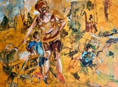 Large Abstract Beach Scene Oil Painting Woman with Children Raoul Middleman