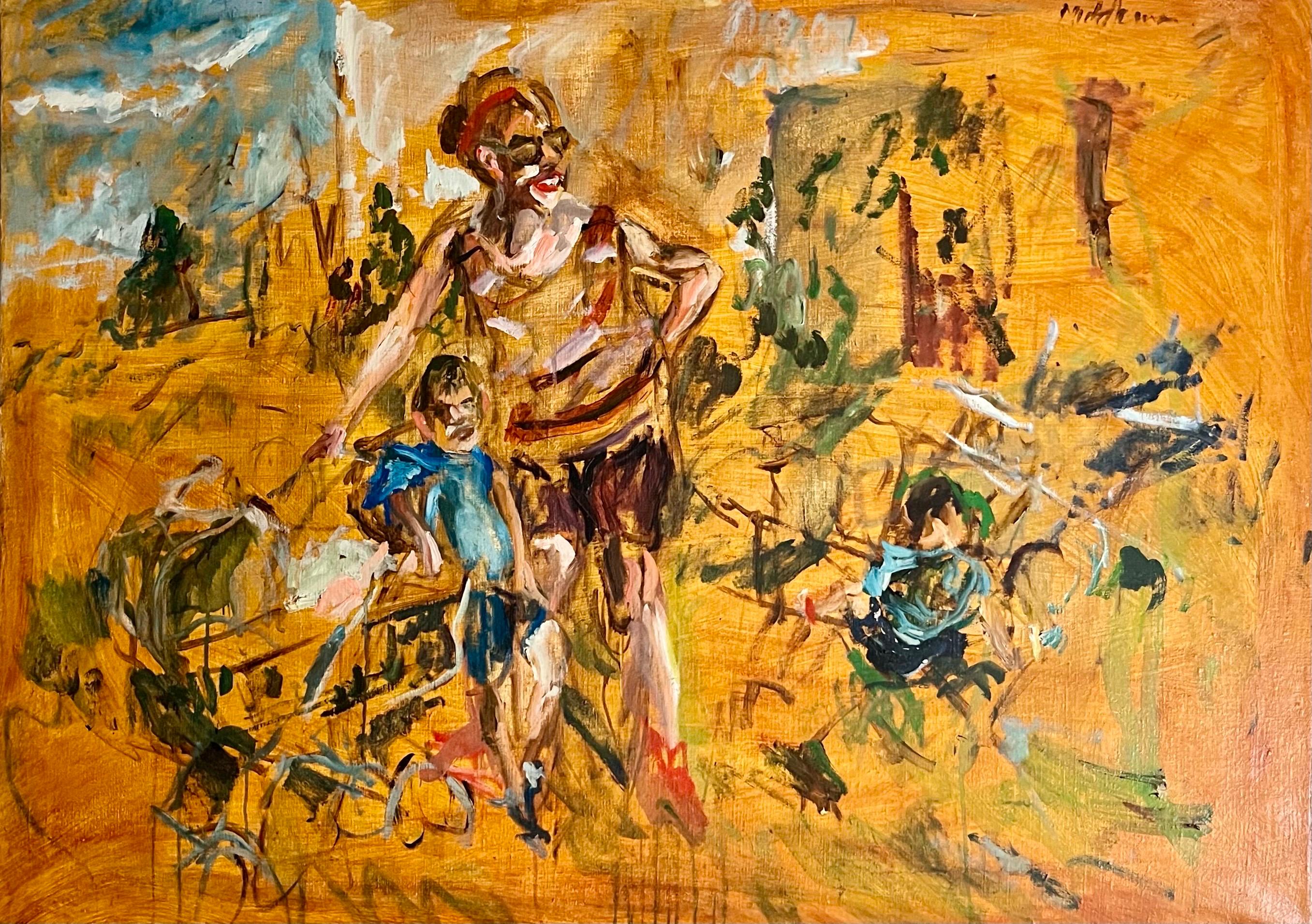 Large Orange Oil on Canvas Painting by Raoul Middleman
Beach scene, family at the shore. 
38 X 52.5 inches

Raoul Middleman (born 1935 in Baltimore, Maryland) is an American painter. Middleman has been a member of the Maryland Institute College of