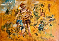 Large Abstract Beach Scene Oil Painting Woman with Children Raoul Middleman