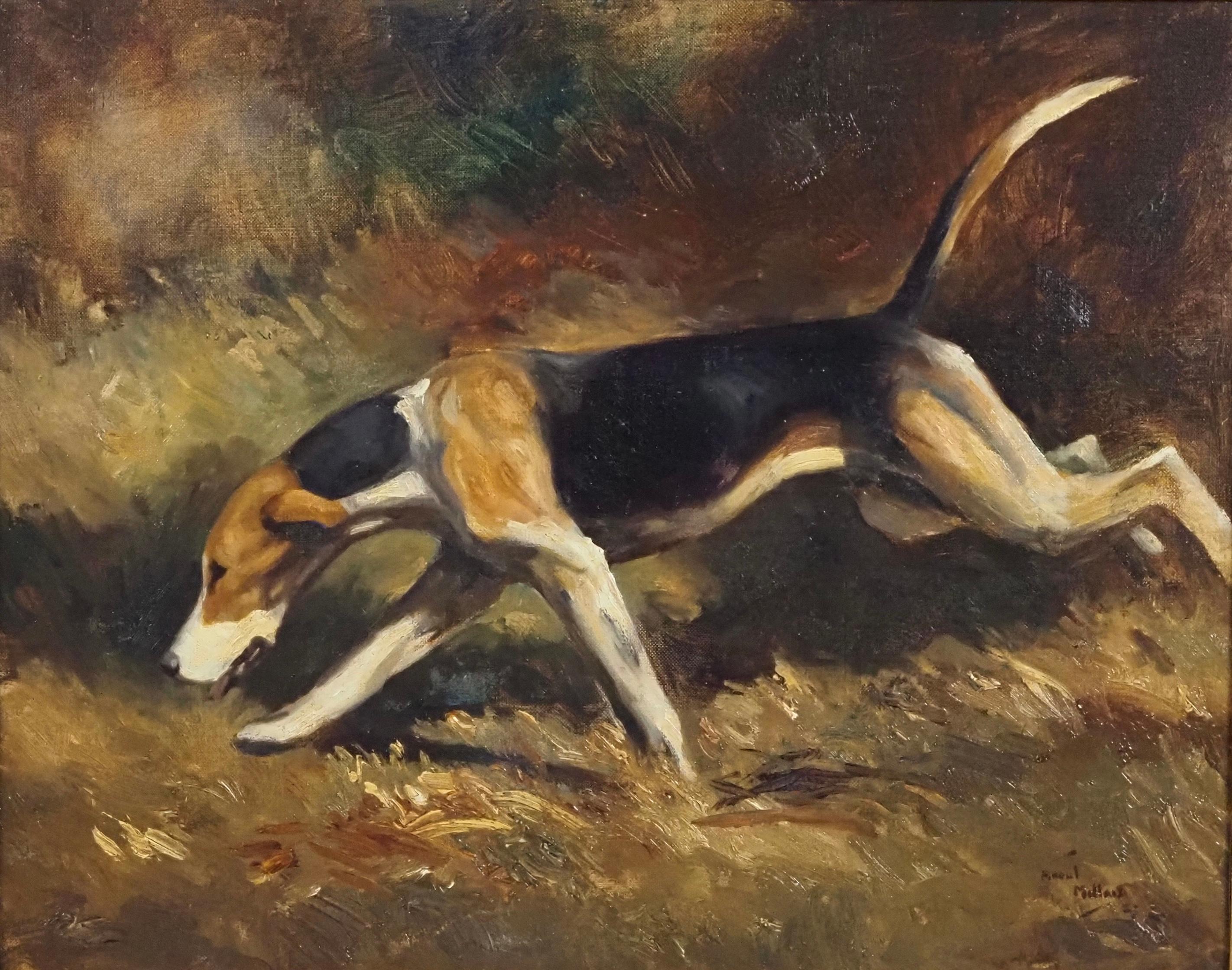 A Hound running in a landscape - Painting by Raoul Millais
