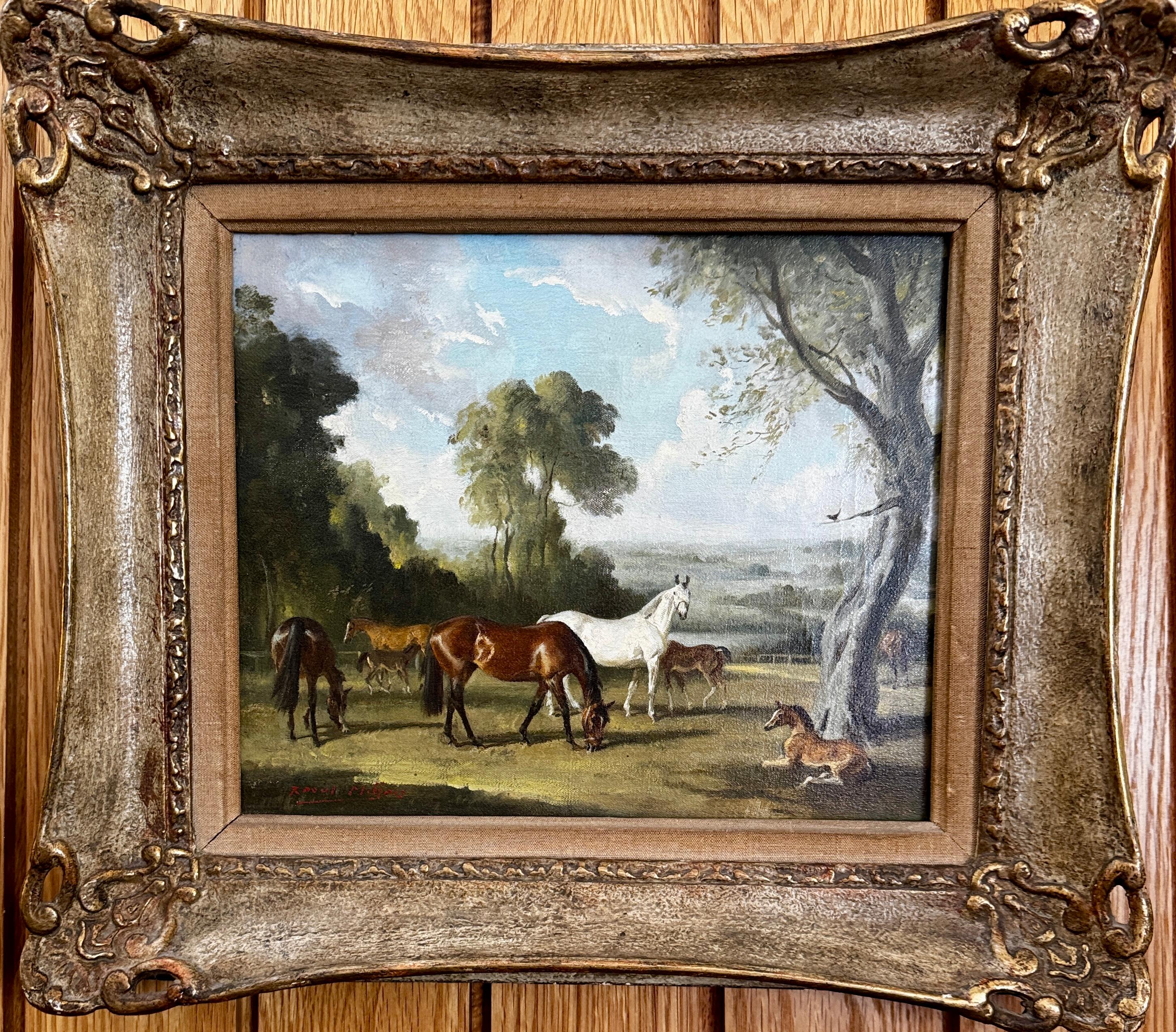 English early 20th century Horses in a Parkland landscape