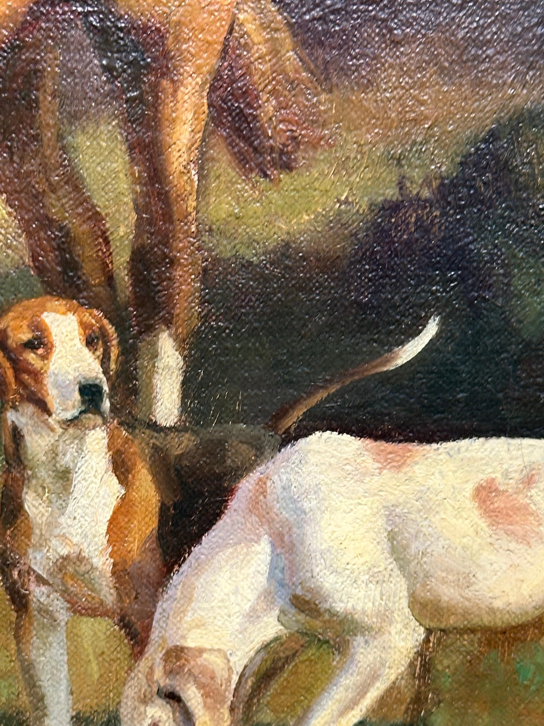 Englische Fuchsjagd mit Reitern und Hunden in einer weitläufigen Landschaft im Angebot 5