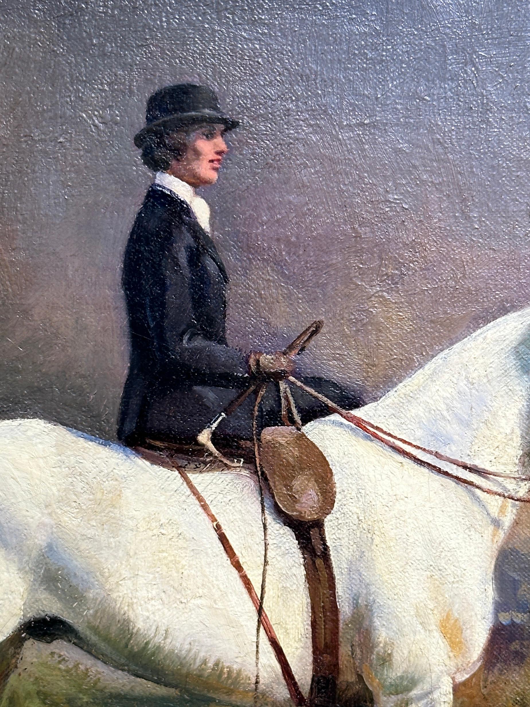 Englische Fuchsjagd mit Reitern und Hunden in einer weitläufigen Landschaft (Braun), Figurative Painting, von Raoul Millais