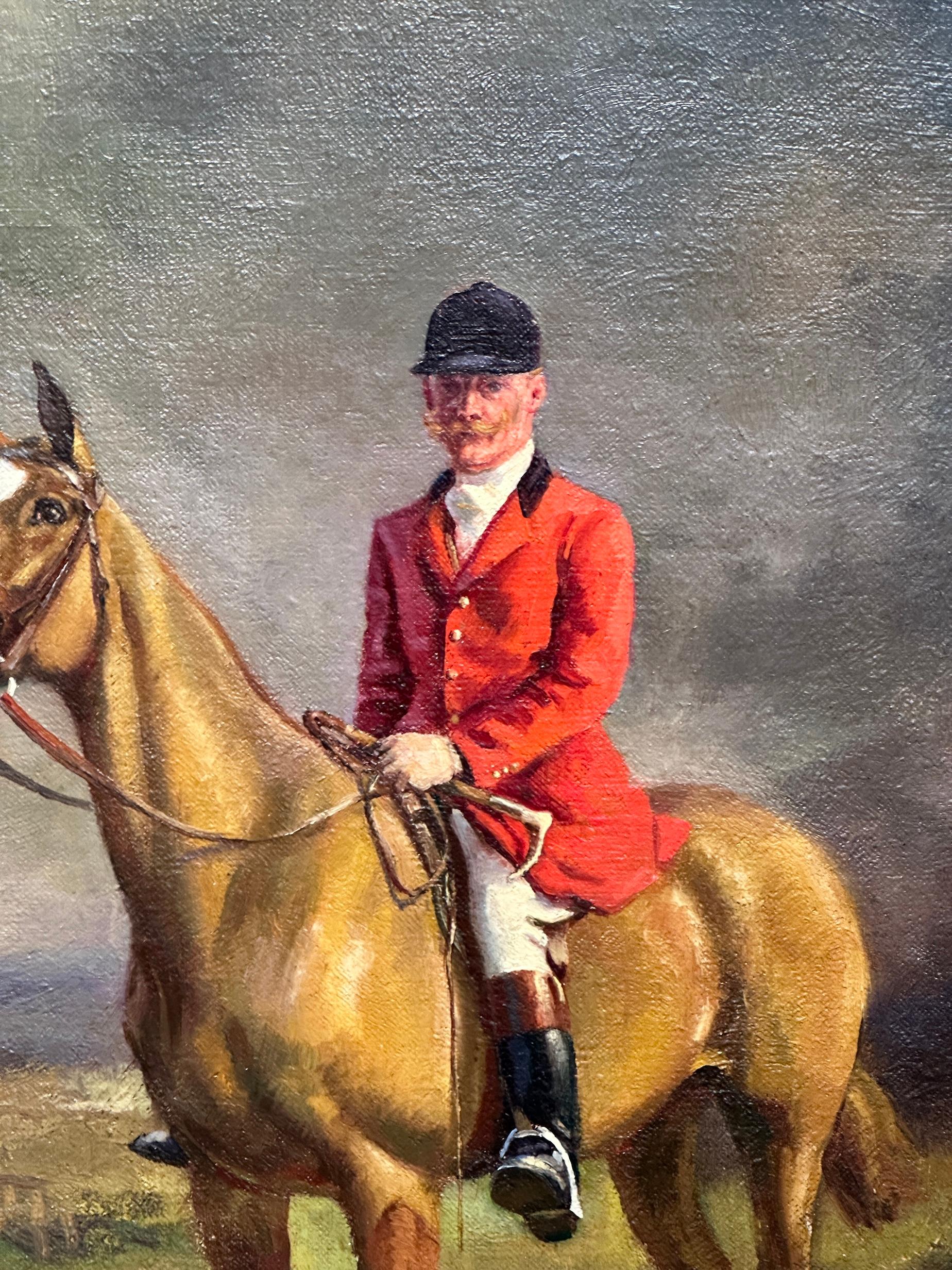 Englische Fuchsjagd mit Reitern und Hunden in einer weitläufigen Landschaft im Angebot 1