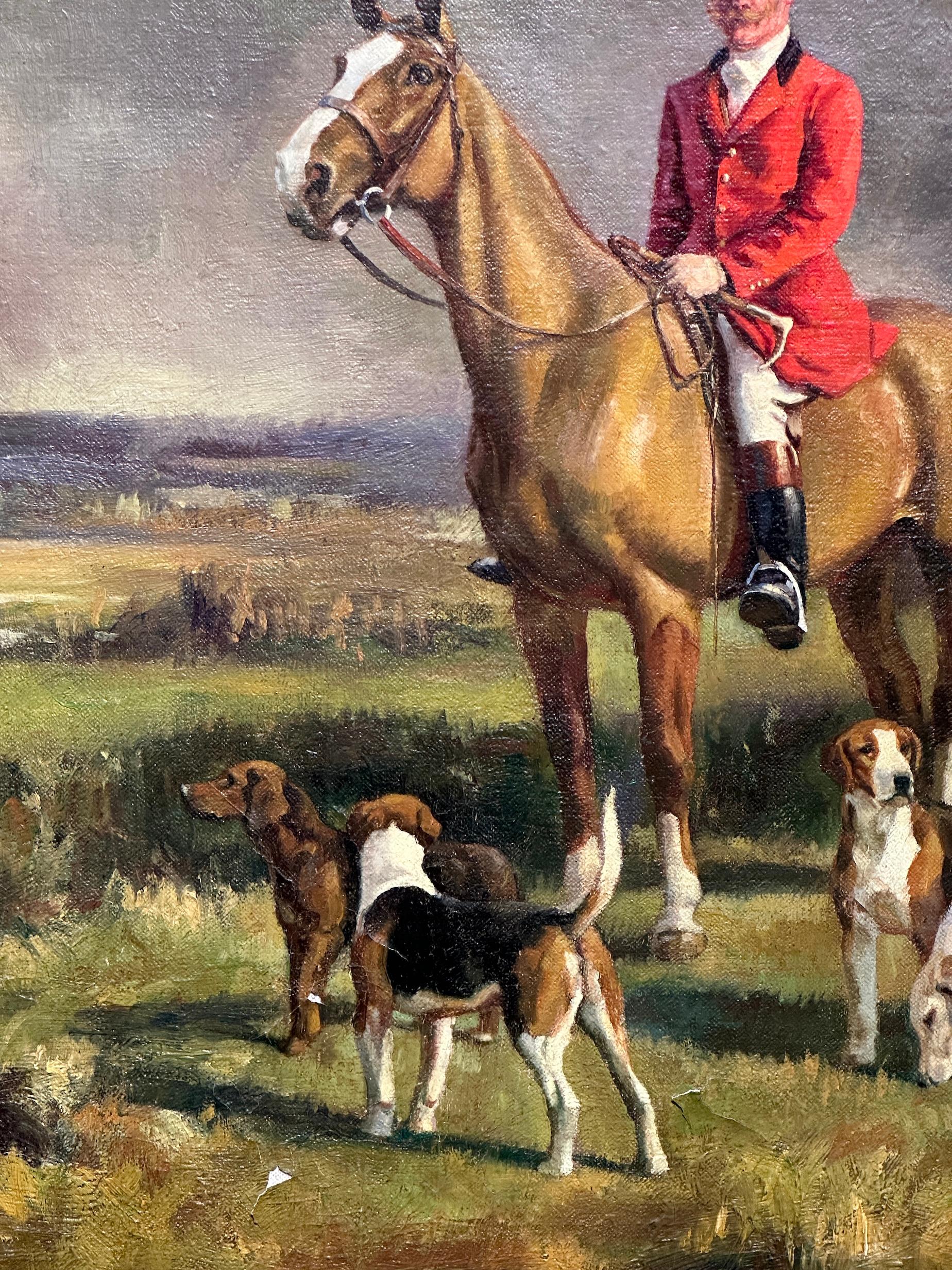 Englische Fuchsjagd mit Reitern und Hunden in einer weitläufigen Landschaft im Angebot 2