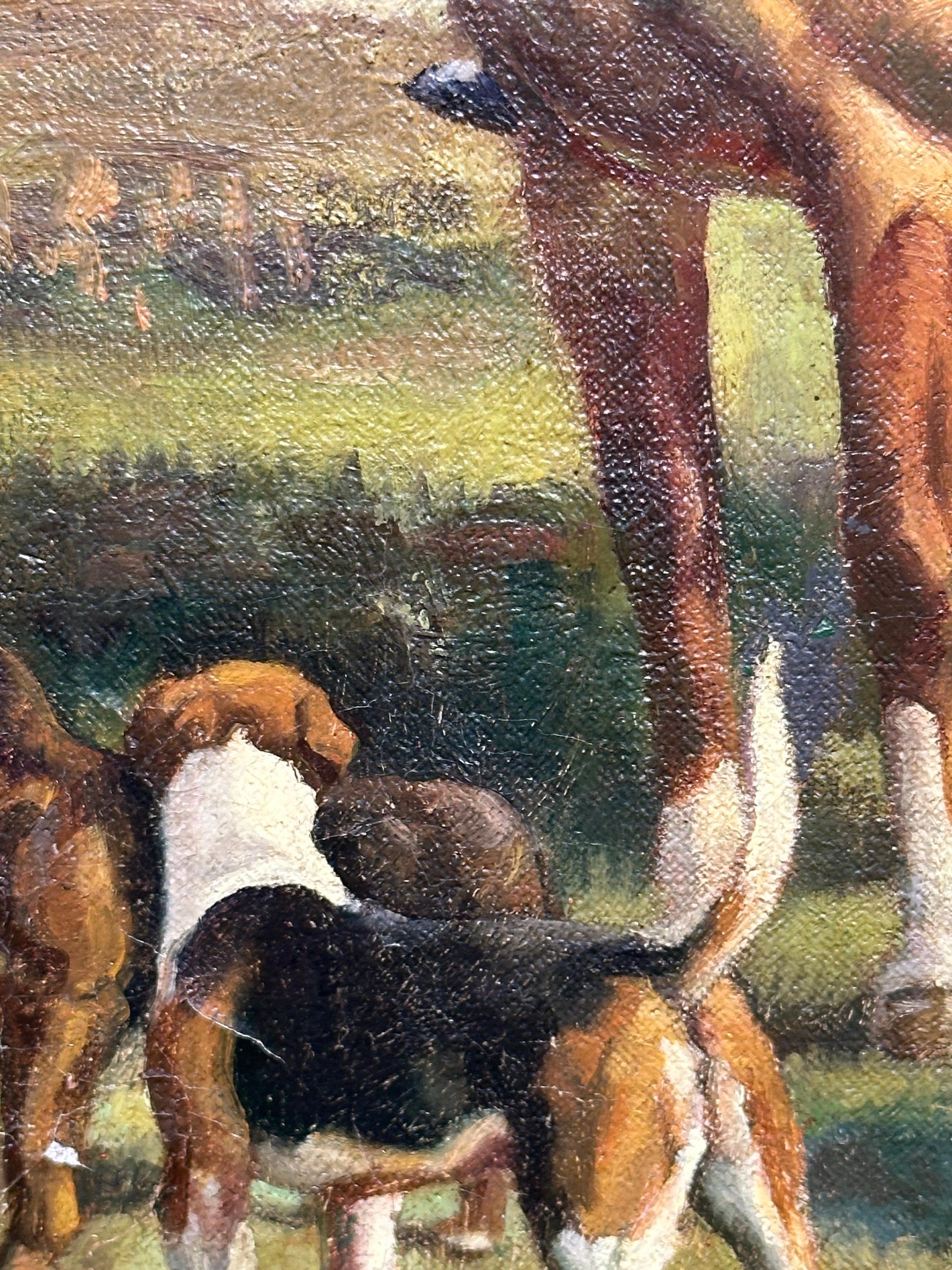 Englische Fuchsjagd mit Reitern und Hunden in einer weitläufigen Landschaft im Angebot 4