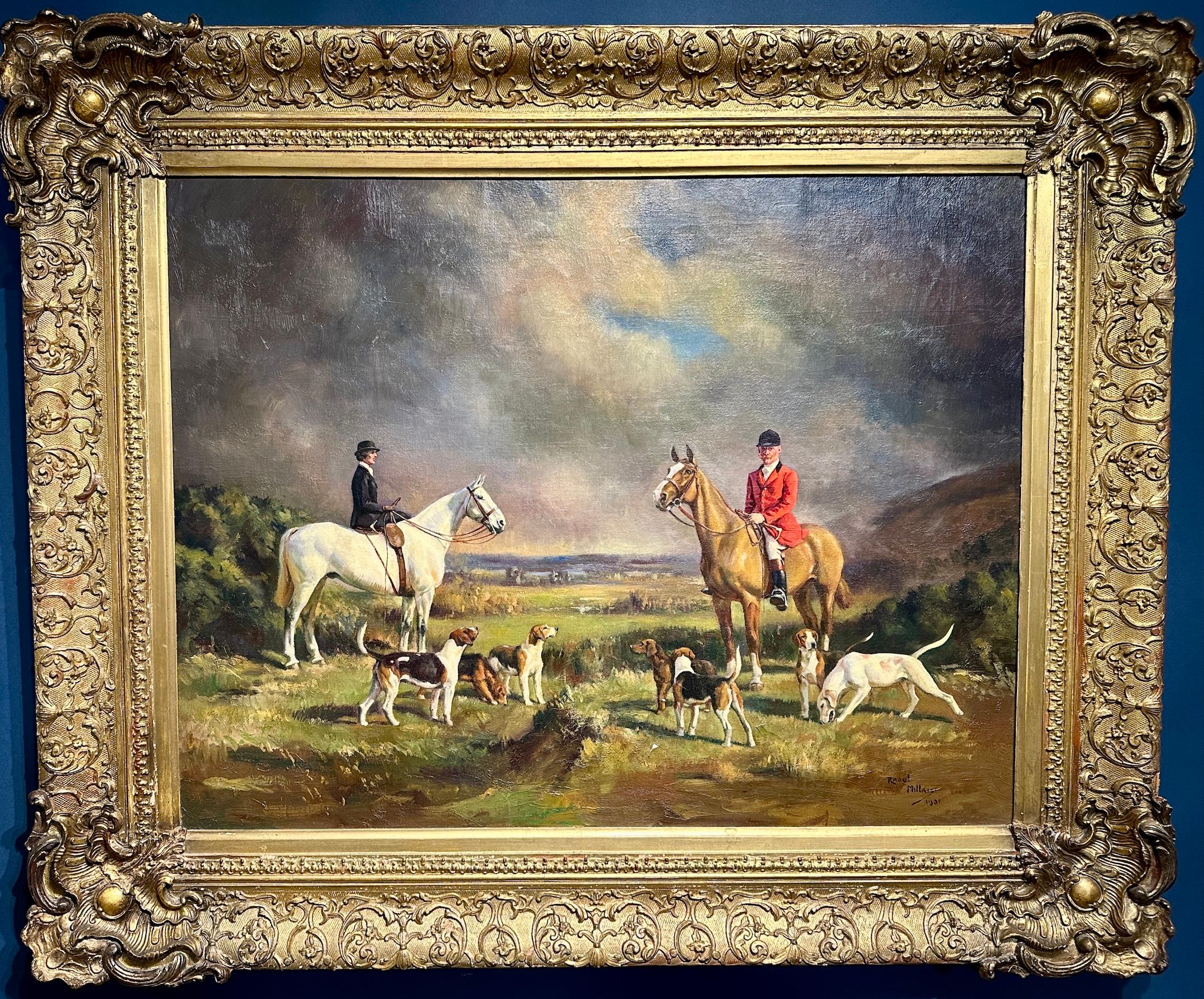 Raoul Millais Figurative Painting – Englische Fuchsjagd mit Reitern und Hunden in einer weitläufigen Landschaft