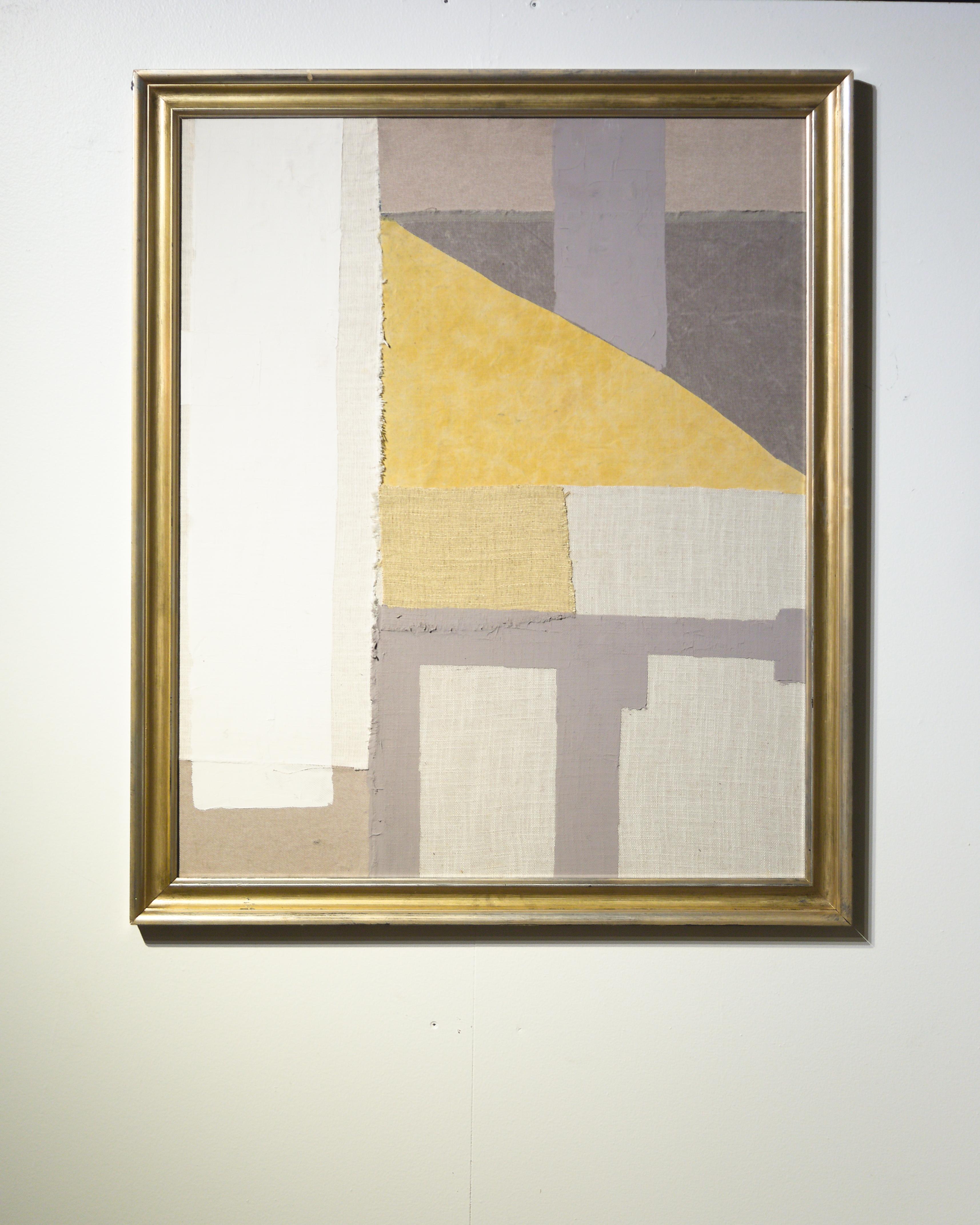 A framed textile collage by artist Raoul Morren, made in 2023. The harmonious composition is composed with a palette of calming off-whites, inflected by notes of buttery yellow and pastel violets. Designed to be displayed with any