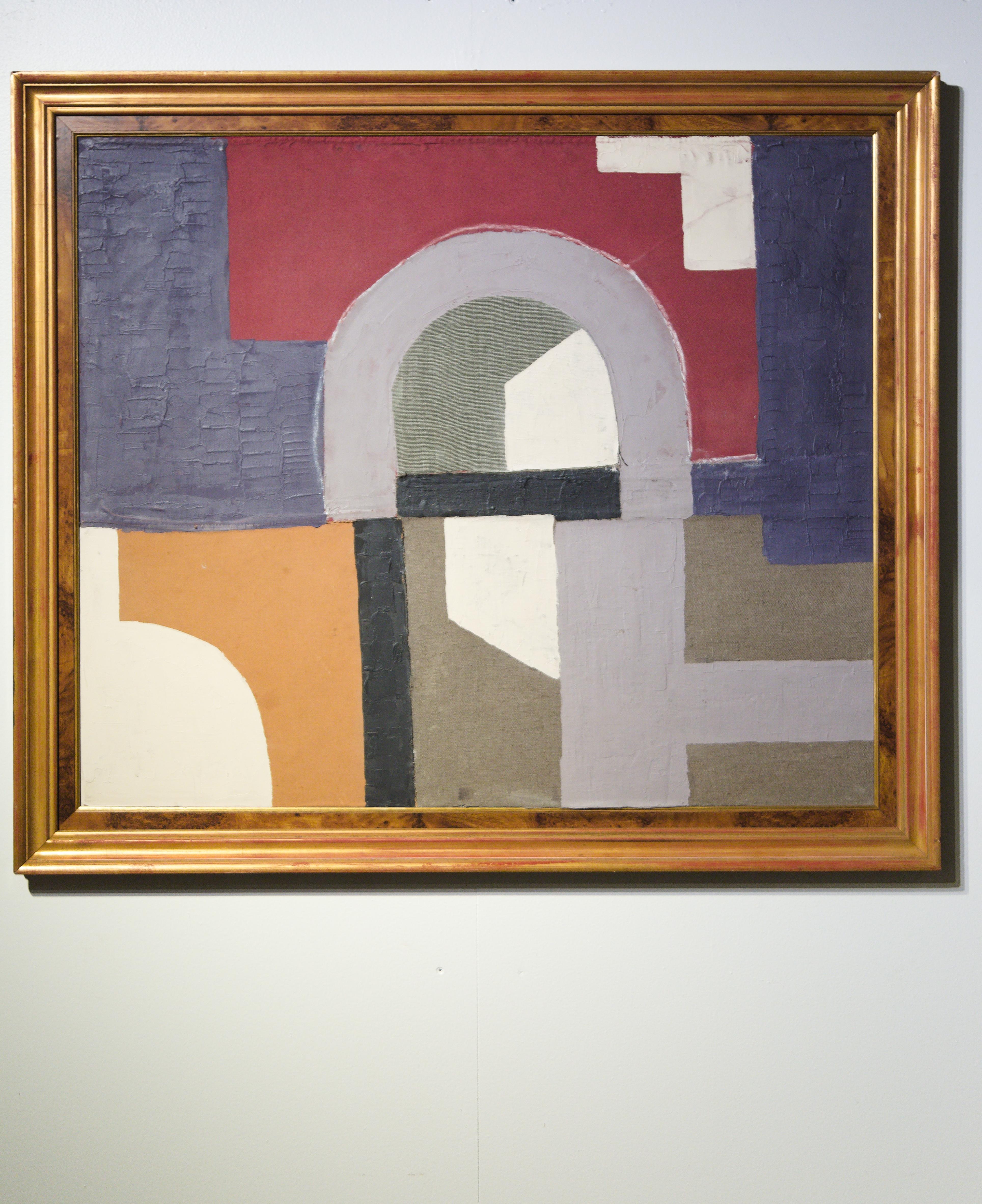 A framed textile collage by artist Raoul Morren, made in 2023. The dynamic composition is created with a concerto of expressionistic geometric shapes, boldly rendered in blue, yellow, red and green. Designed to be displayed with any