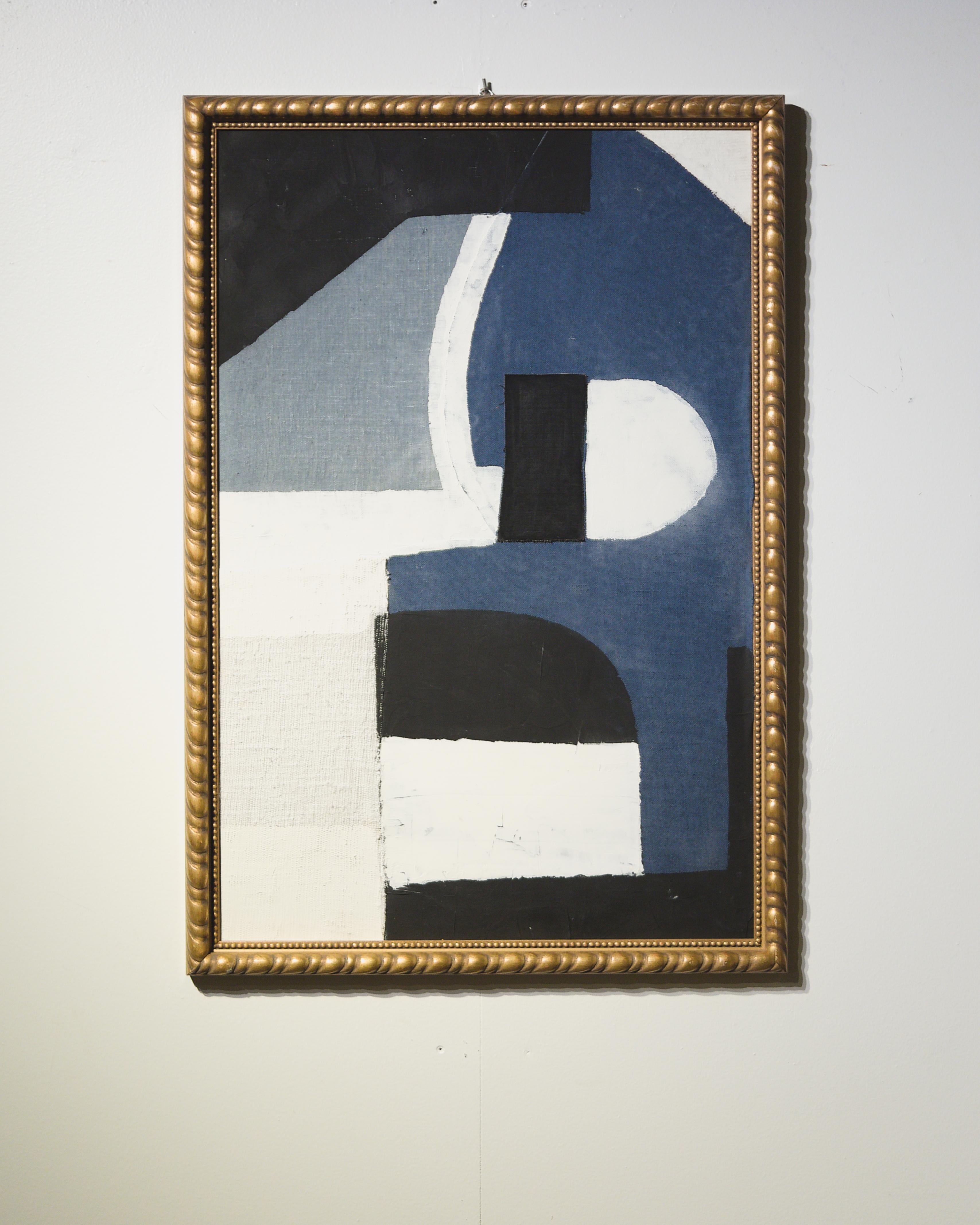 A framed textile collage by artist Raoul Morren, made in 2023. The dynamic composition is created with a palette of blues, geometric shapes give form to the gestural marks and enigmatic cold colors. Designed to be displayed with any