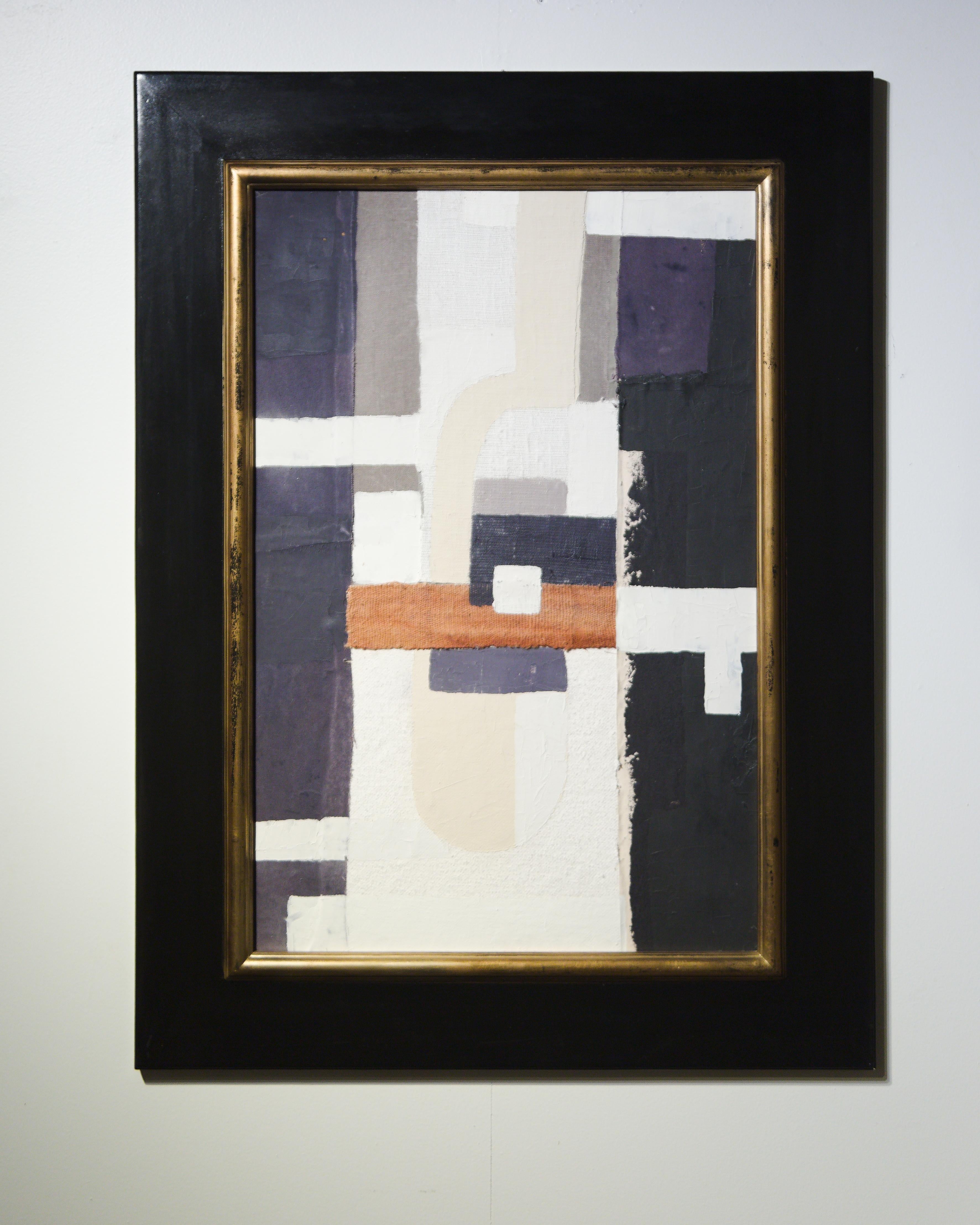 A framed textile collage by artist Raoul Morren, made in 2023. The dynamic composition is composed with a palette of calming off-whites, framed by deep indigo violet and a dash of brown ochre. Designed to be displayed with any orientation.

Raoul