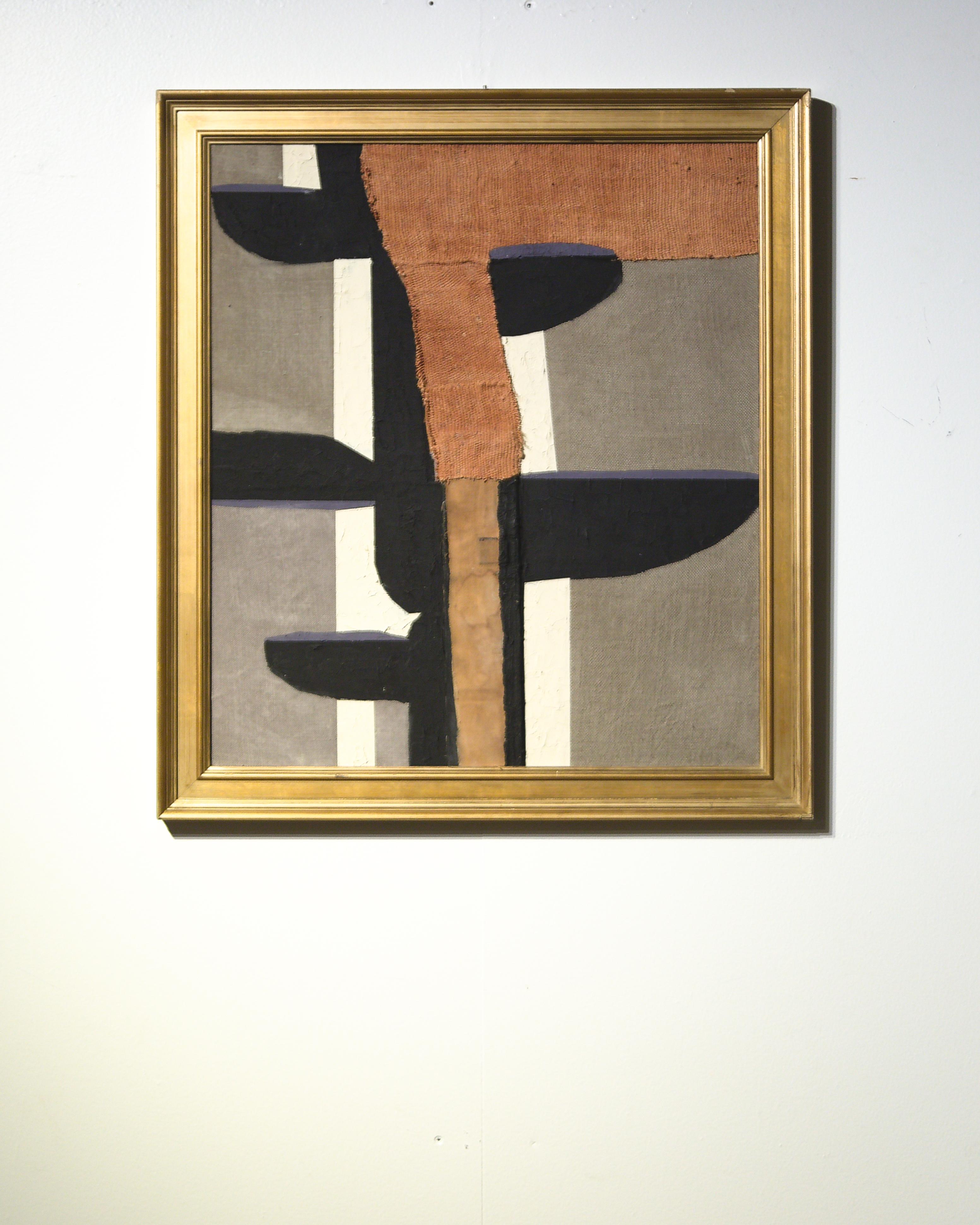 A framed textile collage by artist Raoul Morren, made in 2023. The abstract composition of organic shapes is composed with a palette of earthy ochre, and neutral hues inflected by violet highlights. Designed to be displayed with any