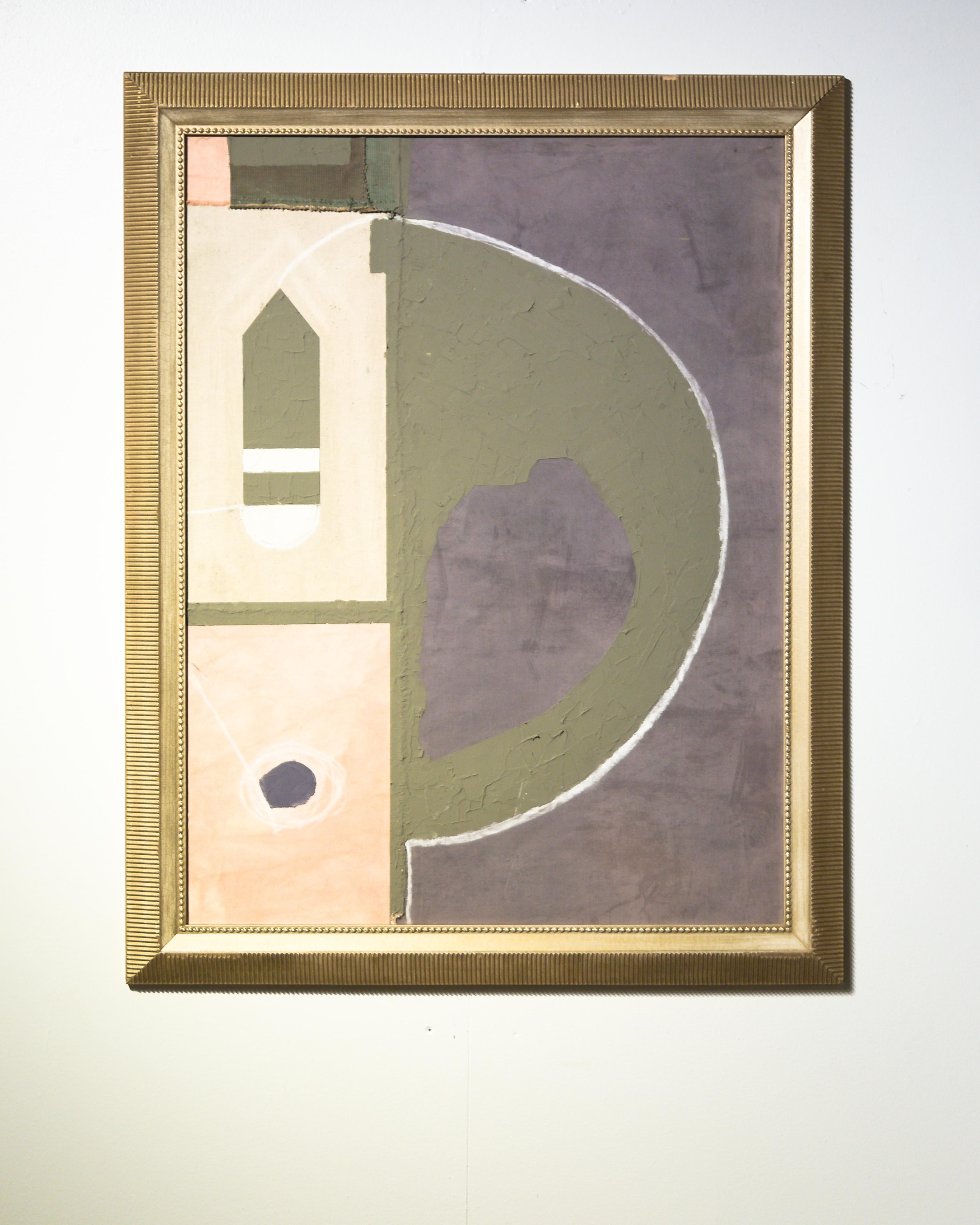 A framed textile collage by artist Raoul Morren, made in 2023. This dynamic composition of organic shapes is arranged around a prominent arch, rendered with textural forest green and calming paste purple. Designed to be displayed with any