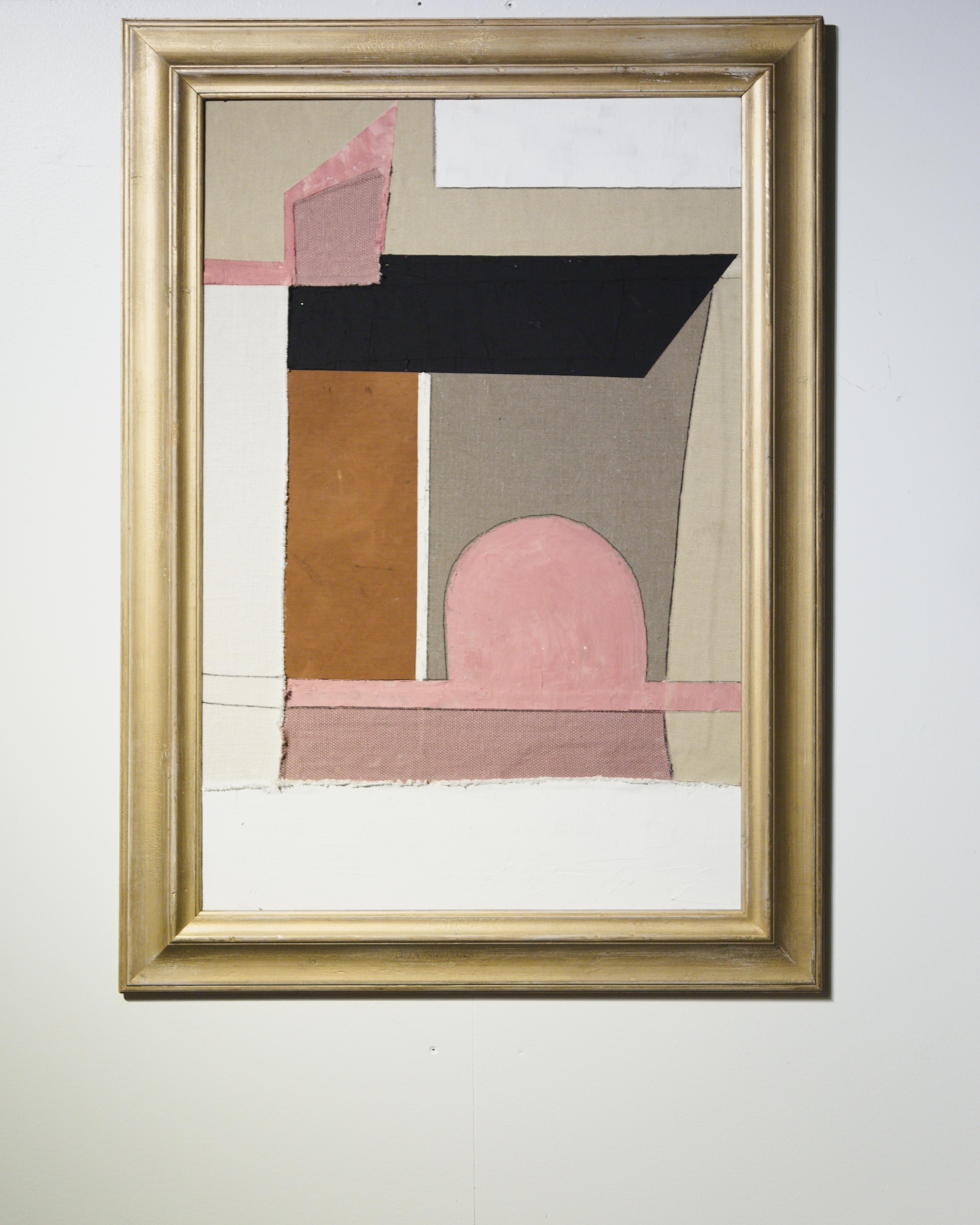 A framed textile collage by artist Raoul Morren, made in 2023. This dynamic composition combines graphic shapes in colorful tones and textures. Earthy greens and sandy beiges are energized with gestural outlines and clean geometries invigorated with