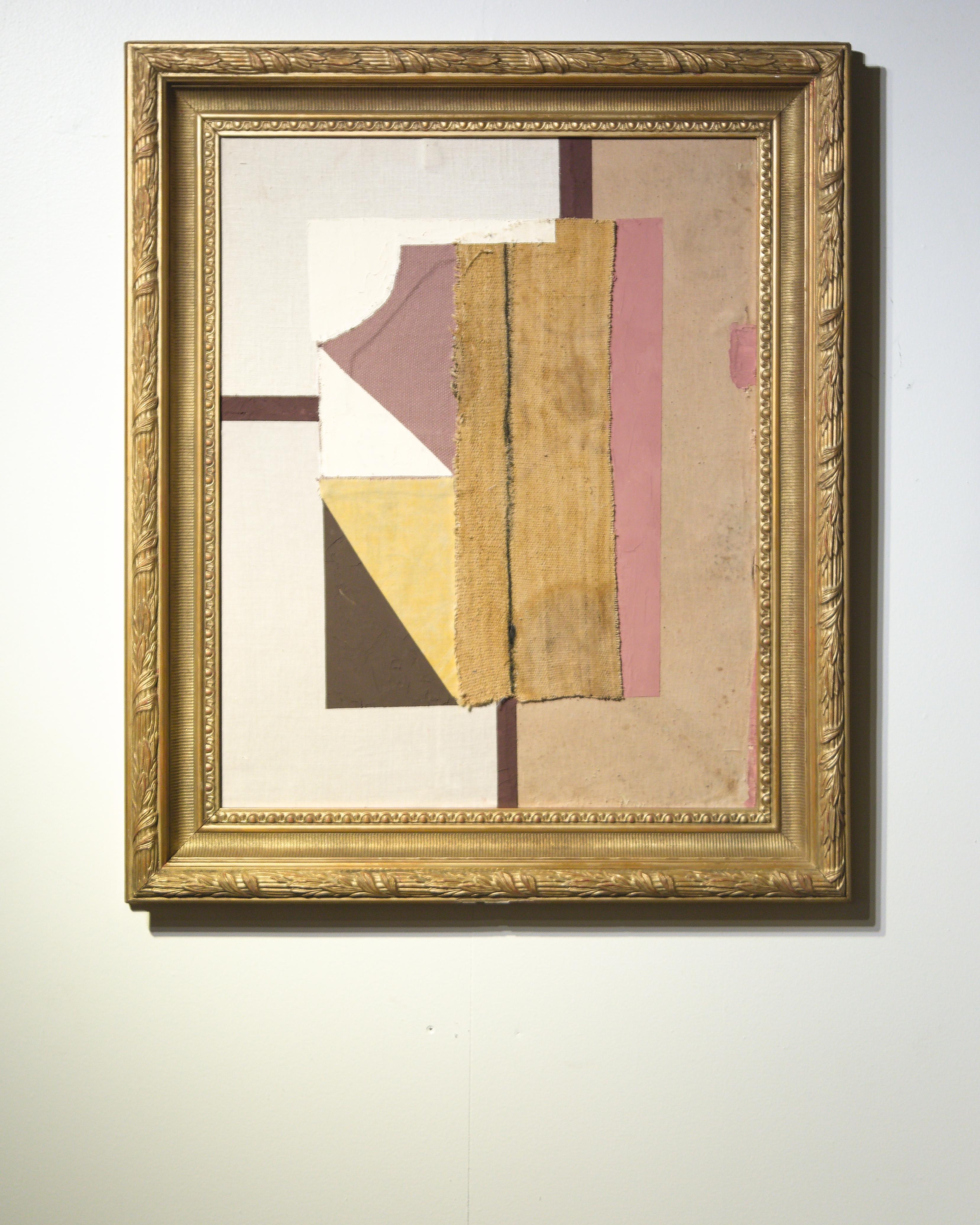 A framed textile collage by artist Raoul Morren, made in 2023. This dynamic composition combines graphic shapes in a warm palette of beiges, browns, ochres and pinks. Designed to be displayed with any orientation.

Raoul Morren, is known for his