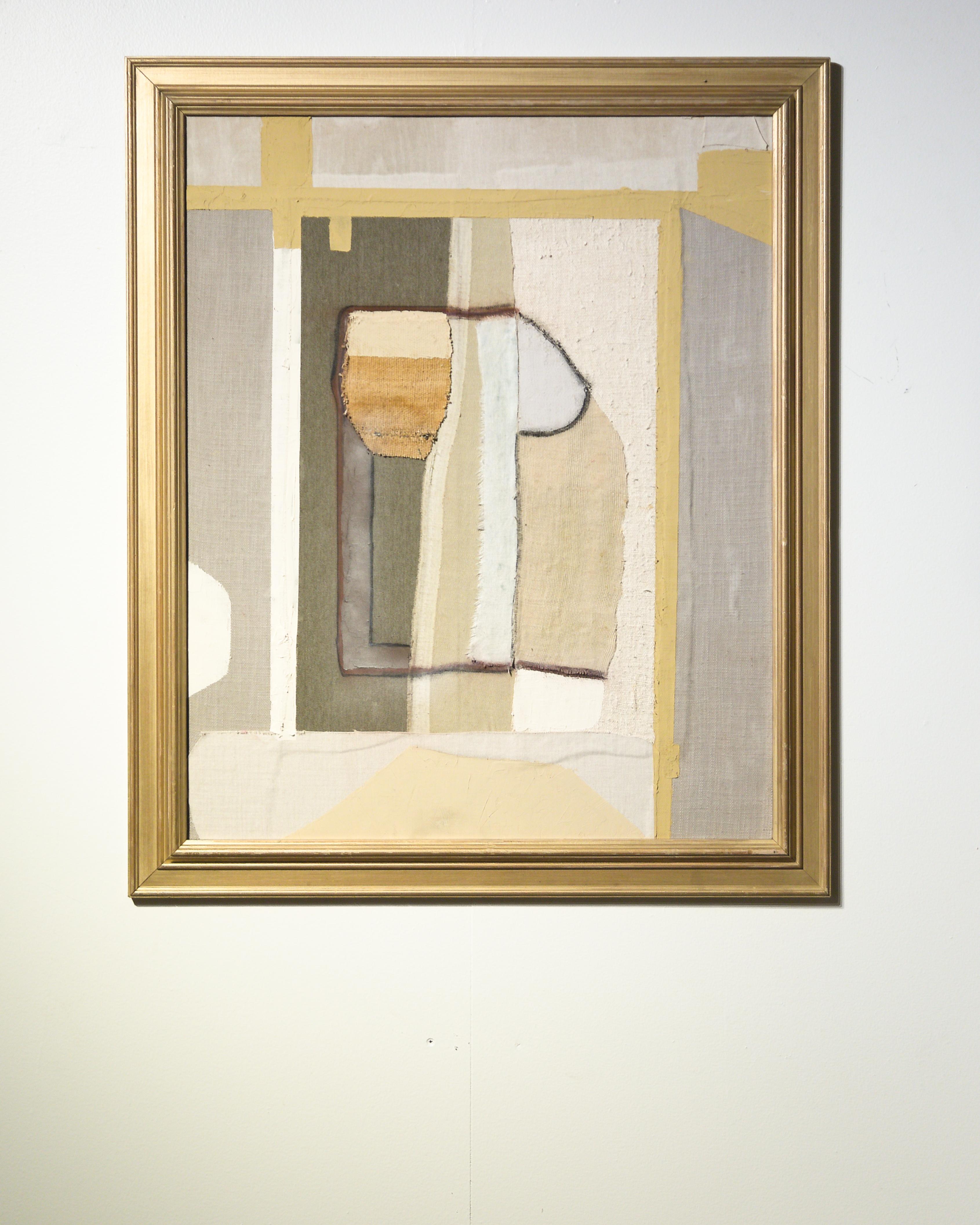 A framed textile collage by artist Raoul Morren, made in 2023. This dynamic composition, revolving around an enigmatic central figure, combines abstract shapes in a warm neutral palette – accentuated with vivid yellow ochre and a deep forest green.