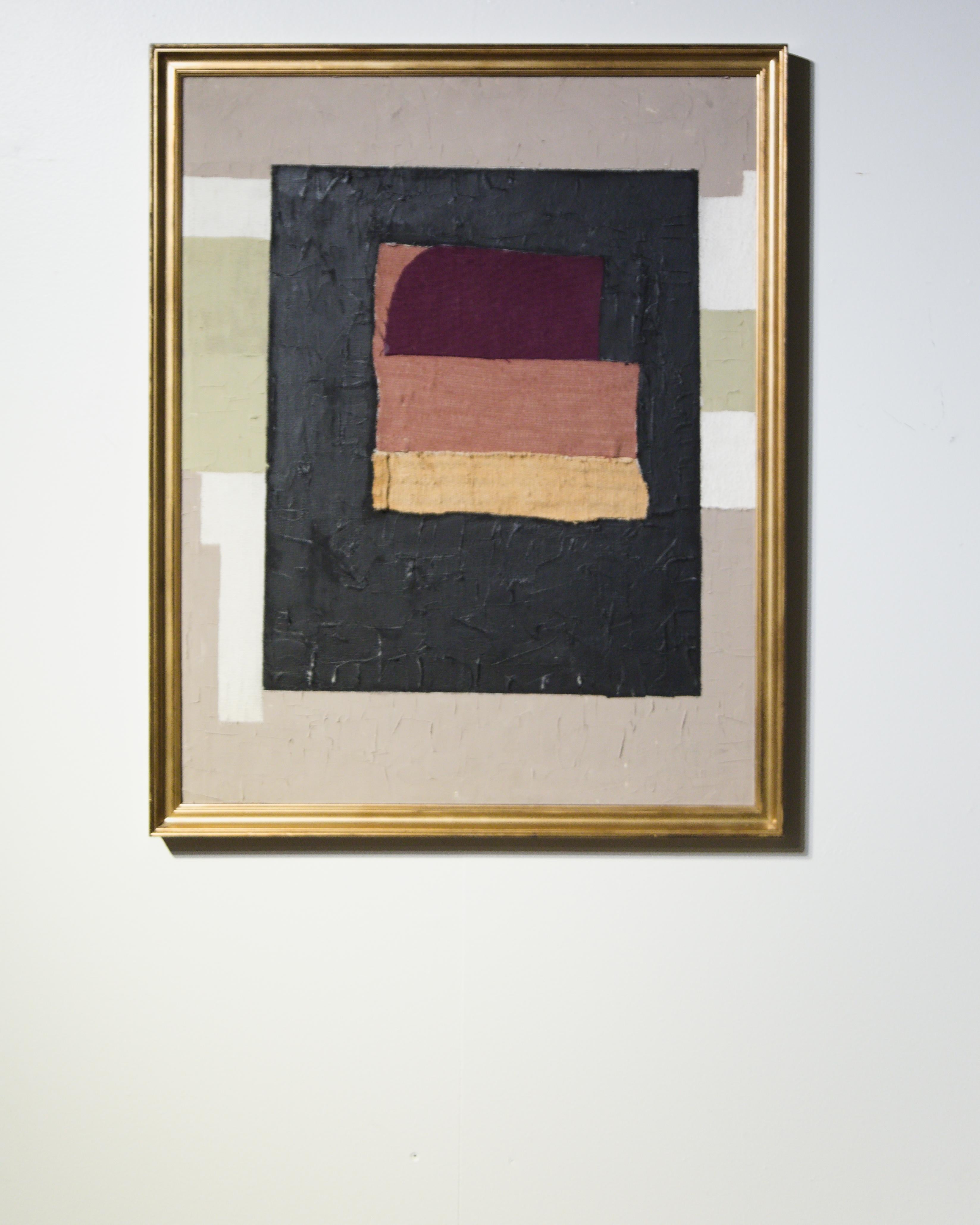 A framed textile collage by artist Raoul Morren, made in 2023. The harmonious composition is created with a palette of warm neutrals, enlivened by rust orange and ochre fabrics and a splash of deep burgundy. Designed to be displayed with any
