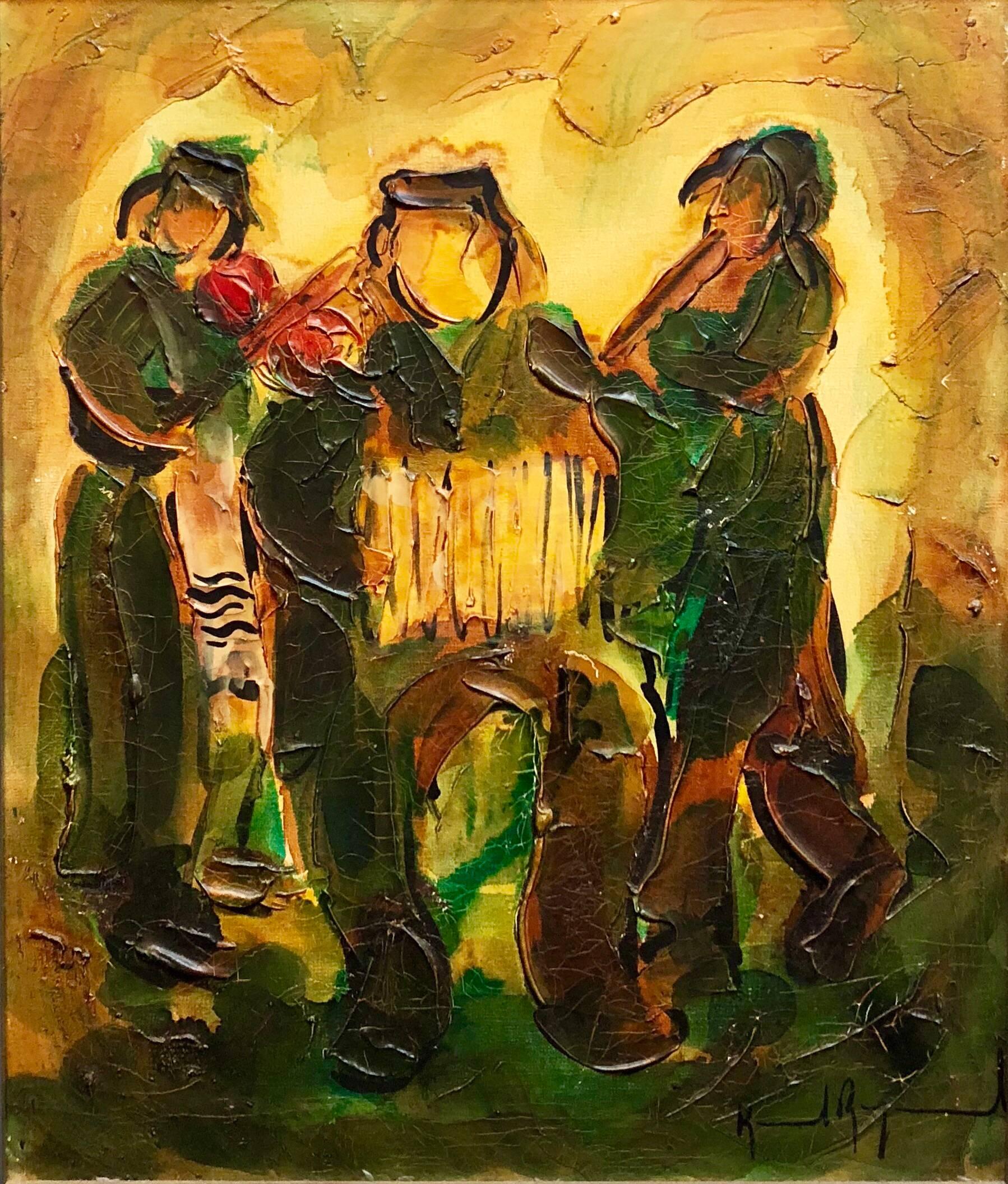 Jewish Klezmer Musicians, Israeli Judaica Impasto Palette Knife Oil Painting - Brown Figurative Painting by Raoul Raymond