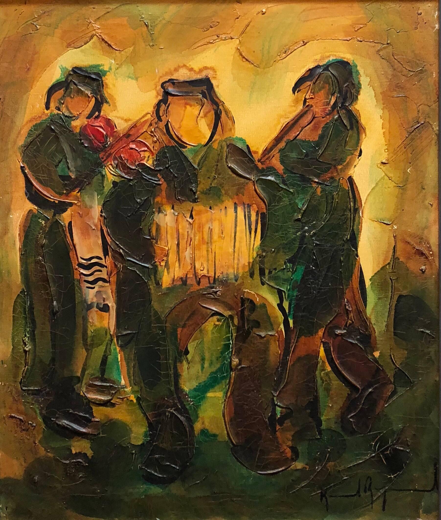 Musiciens juifs Klezmer, Judaïque israélienne Peinture à l'huile à la palette et au couteau - Marron Figurative Painting par Raoul Raymond
