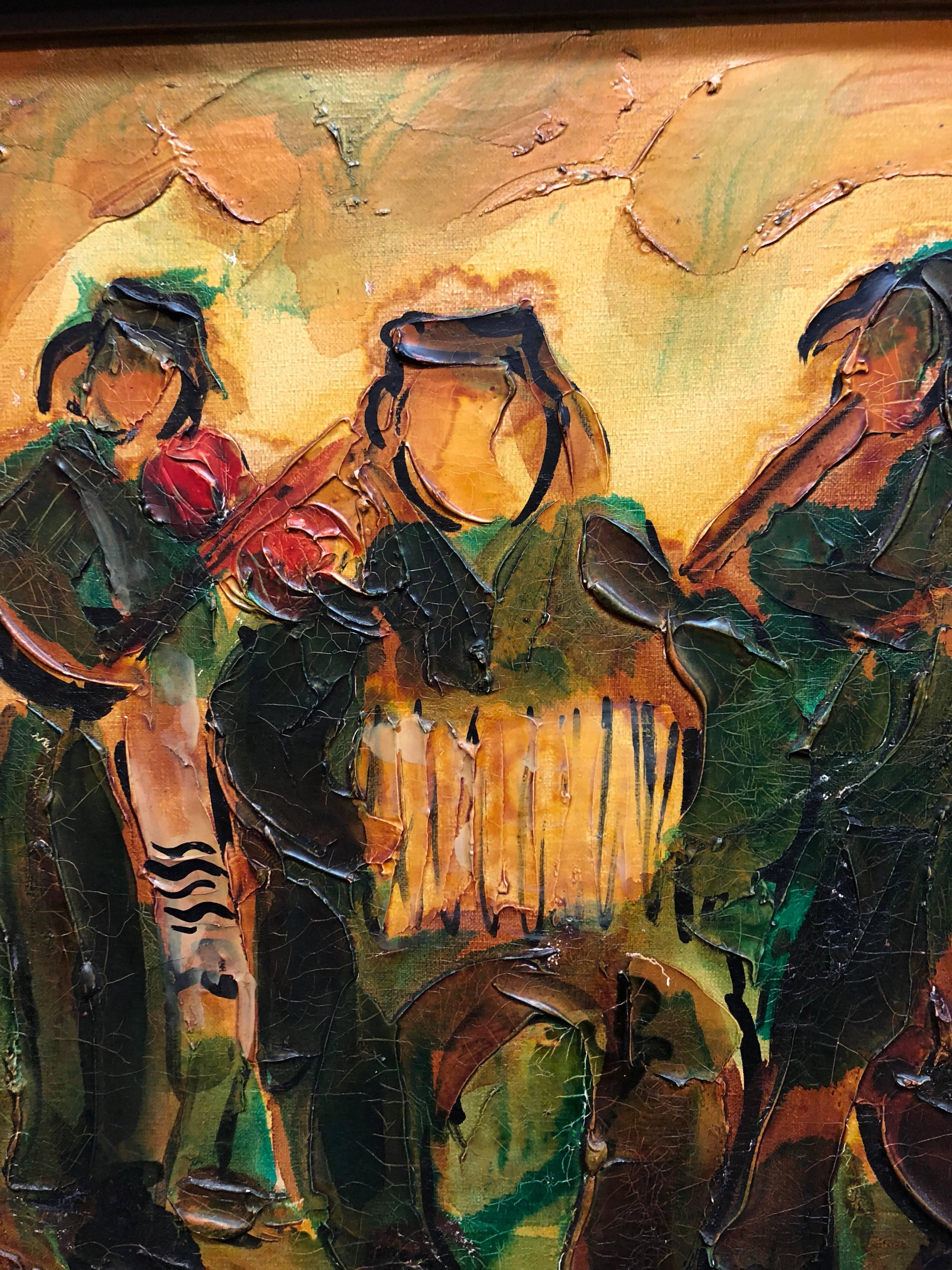 Jewish Klezmer Musicians, Israeli Judaica Impasto Palette Knife Oil Painting For Sale 1