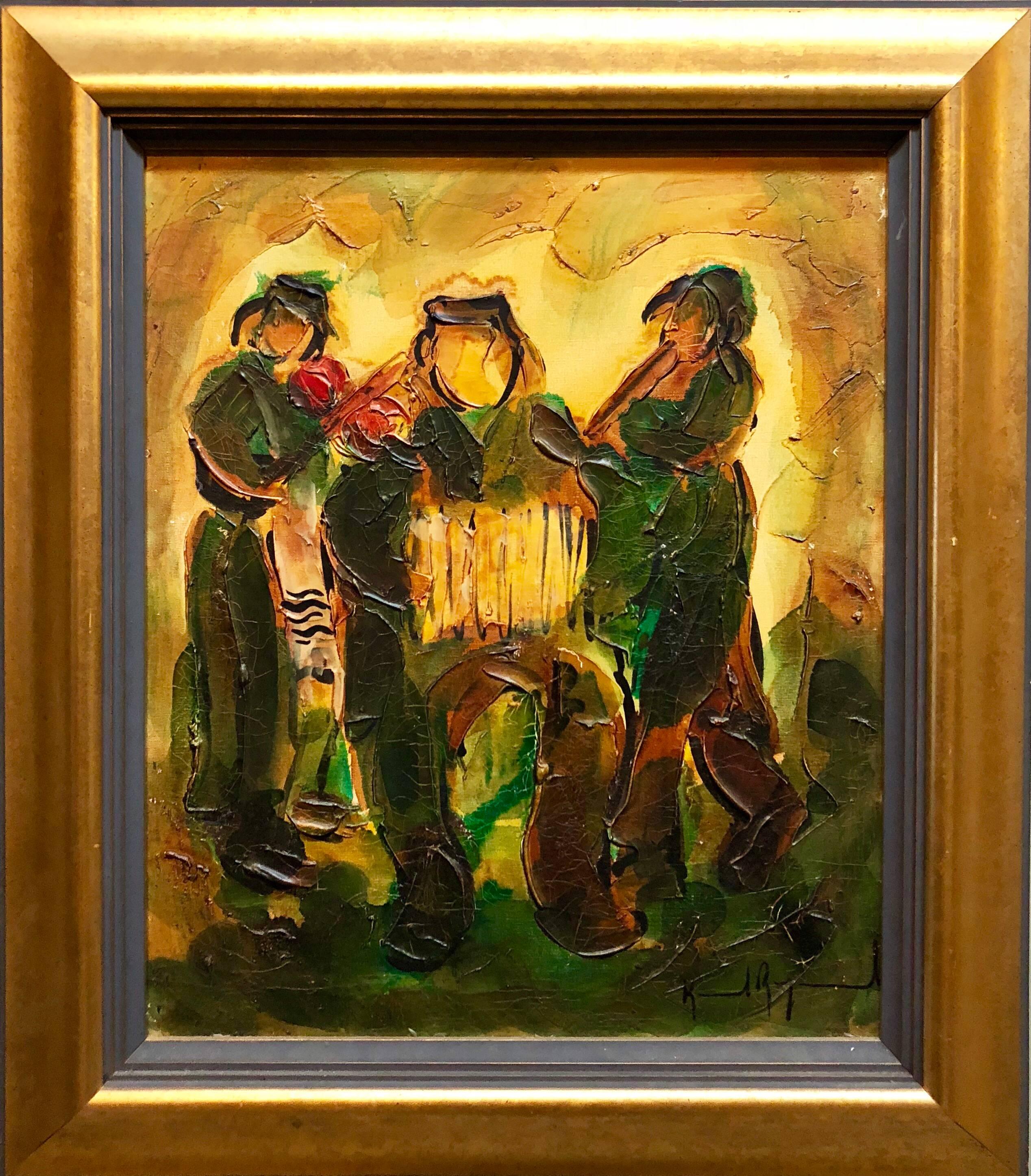 Figurative Painting Raoul Raymond - Musiciens juifs Klezmer, Judaïque israélienne Peinture à l'huile à la palette et au couteau