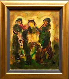 Jewish Klezmer Musicians, Israeli Judaica Impasto Palette Knife Oil Painting