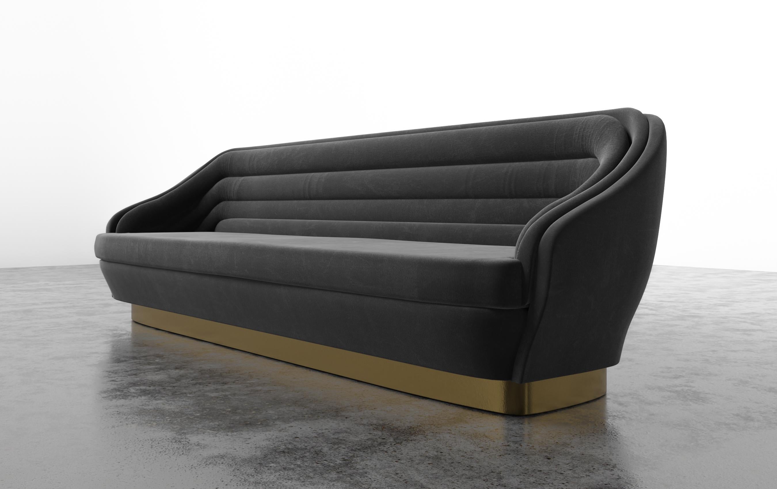 American RAOUL SOFA - Modern Channeled Sofa on Brass Plinth Base in COM For Sale