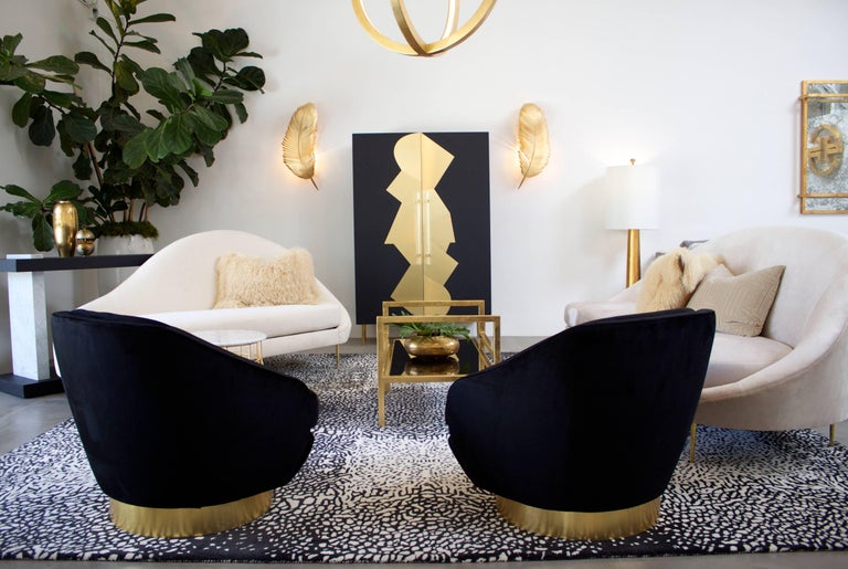 American RAOUL SWIVEL CHAIR - Modern Velvet Chair on Brass Swivel Plinth Base For Sale