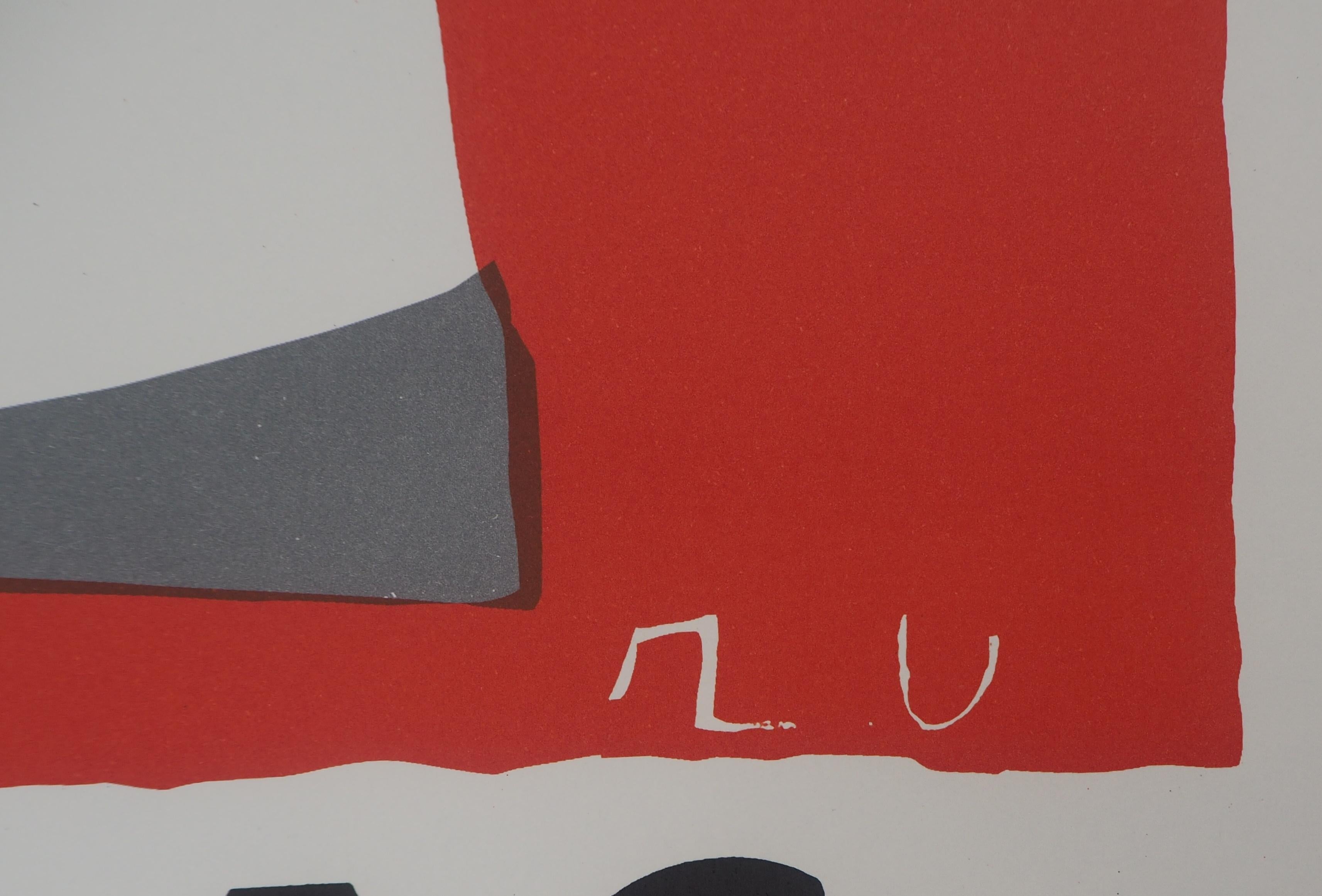 Composition abstraite noire et rouge - Lithographie originale (Mourlot) - Print de Raoul Ubac