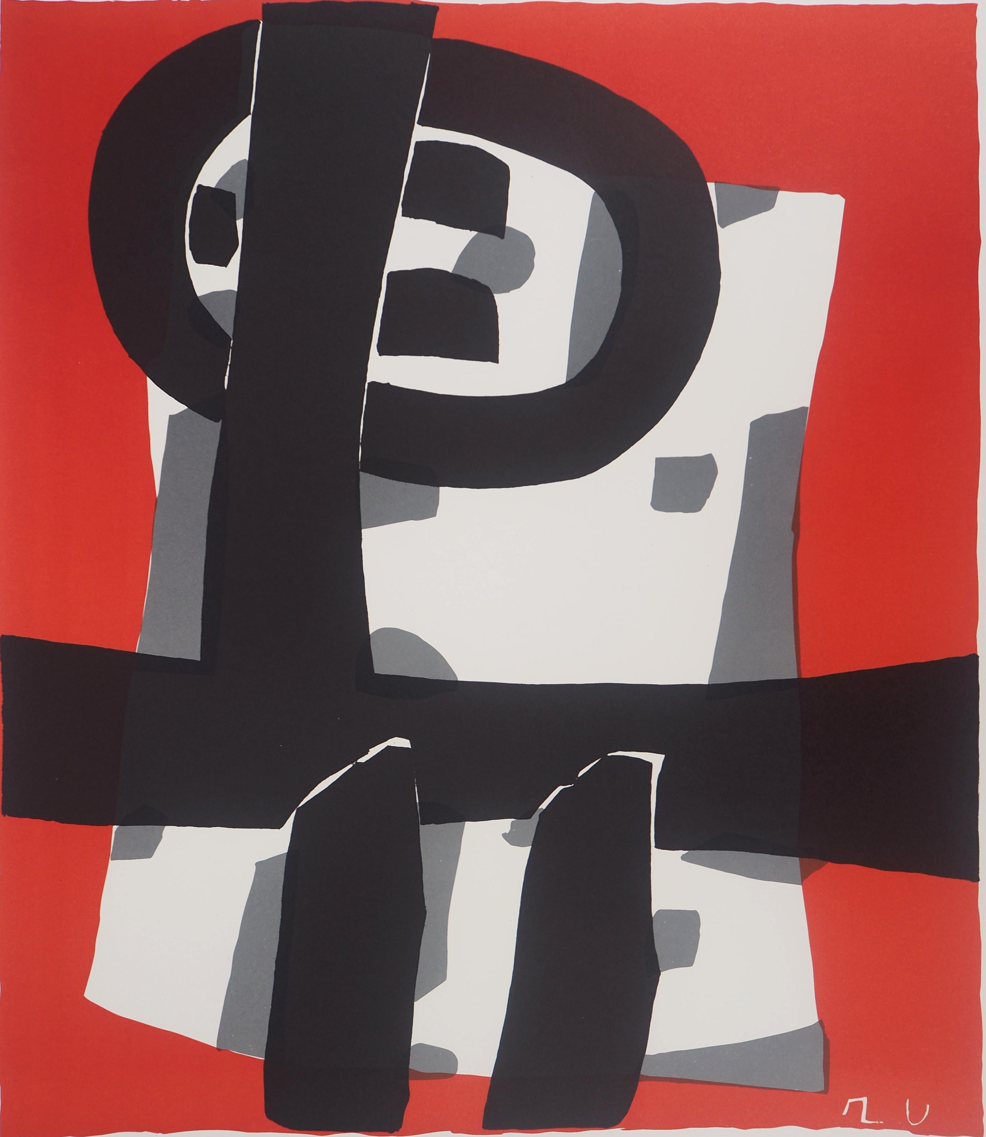 Composition abstraite noire et rouge - Lithographie originale (Mourlot) - Abstrait Print par Raoul Ubac