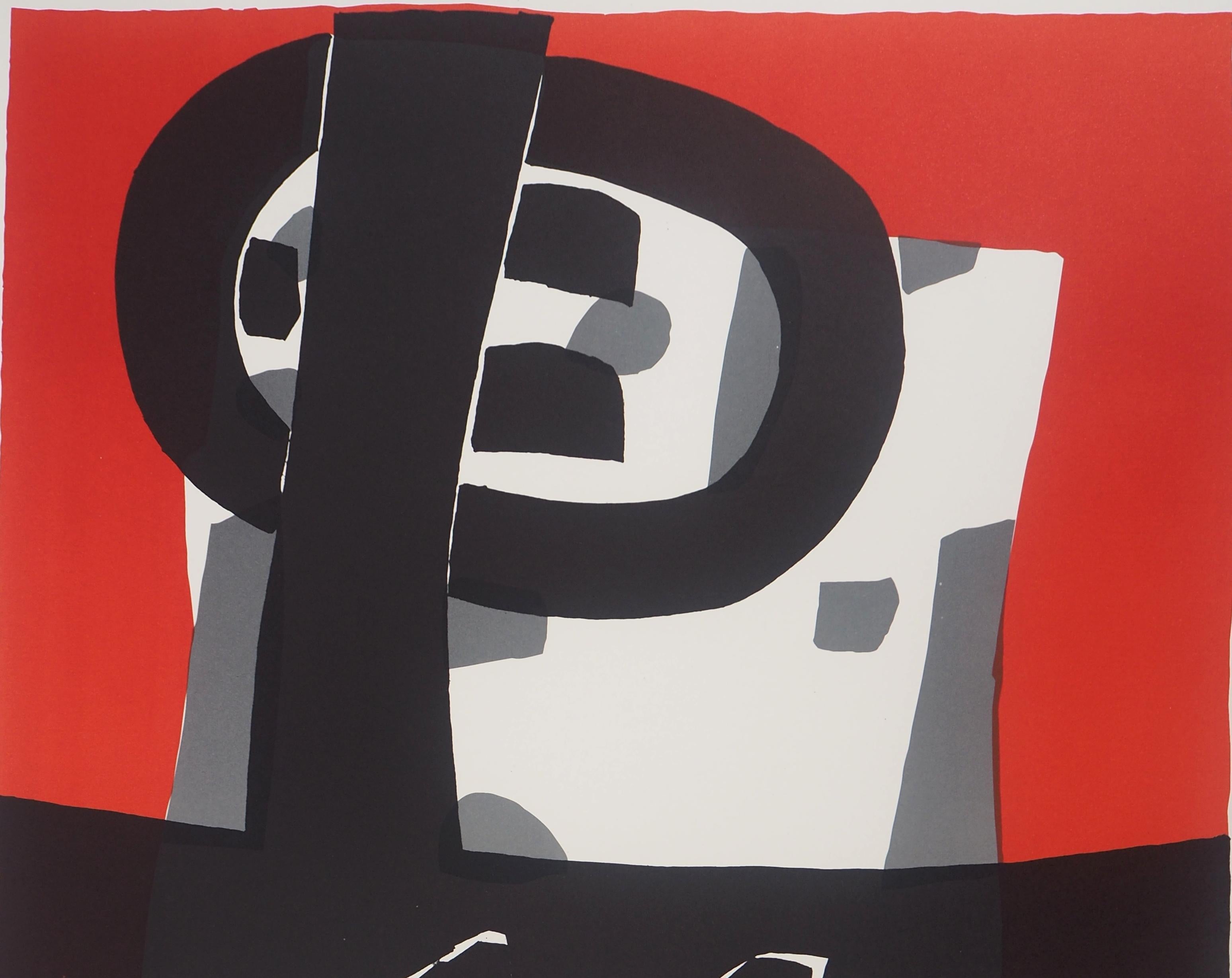 Composition abstraite noire et rouge - Lithographie originale (Mourlot) - Gris Abstract Print par Raoul Ubac