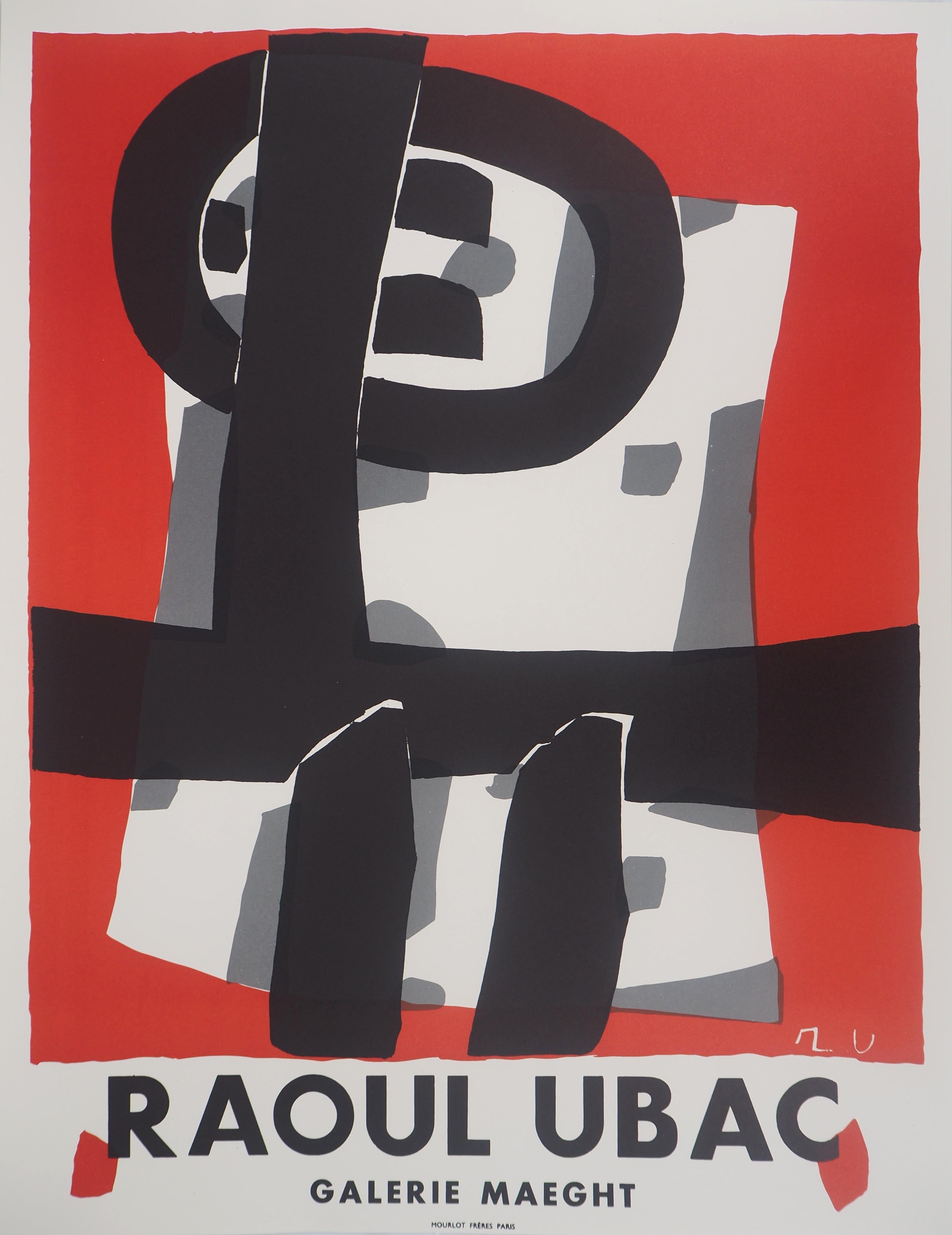 Abstract Print Raoul Ubac - Composition abstraite noire et rouge - Lithographie originale (Mourlot)
