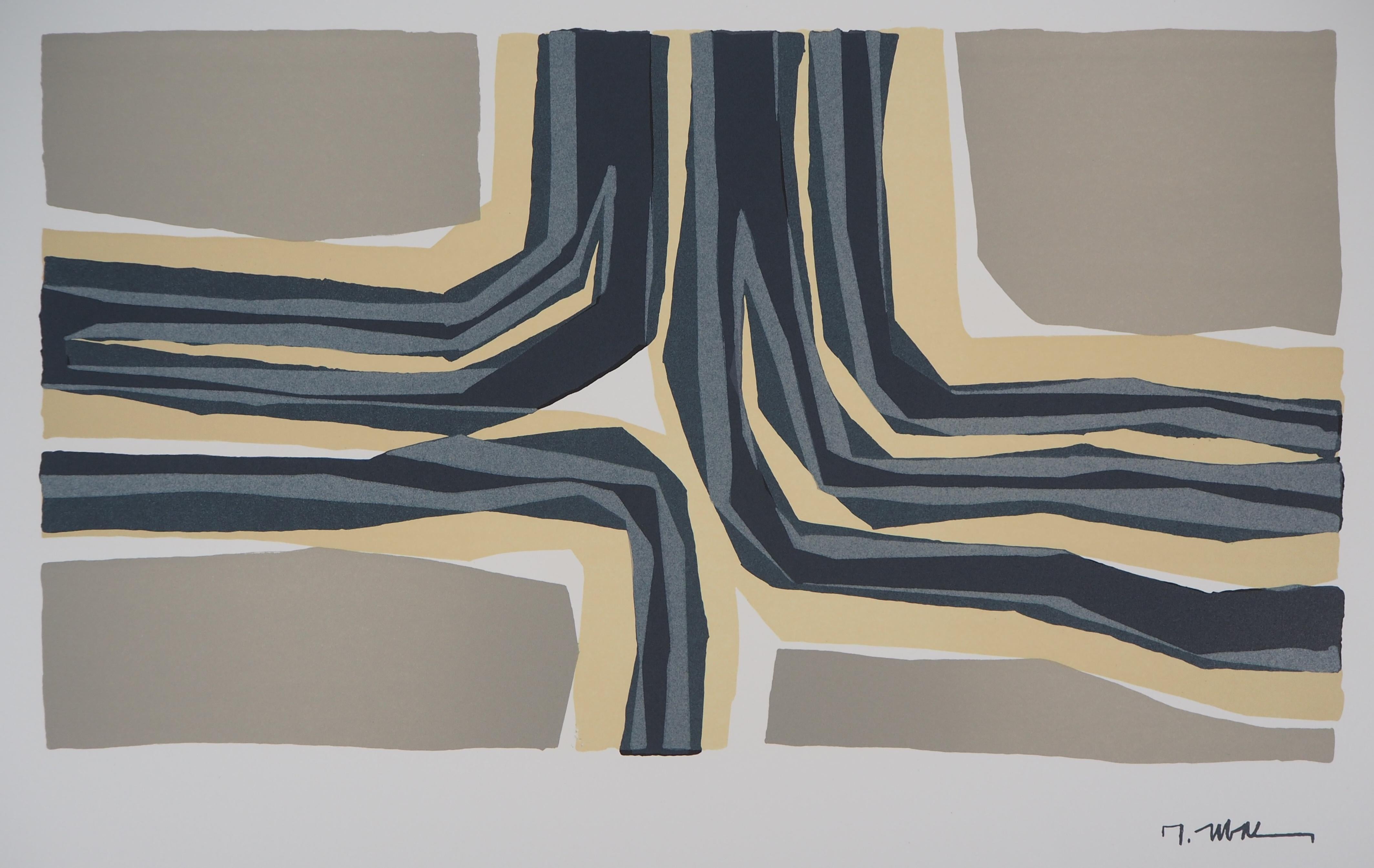 Four Directions, Abstract Composition - Original lithograph - Beige Abstract Print by Raoul Ubac