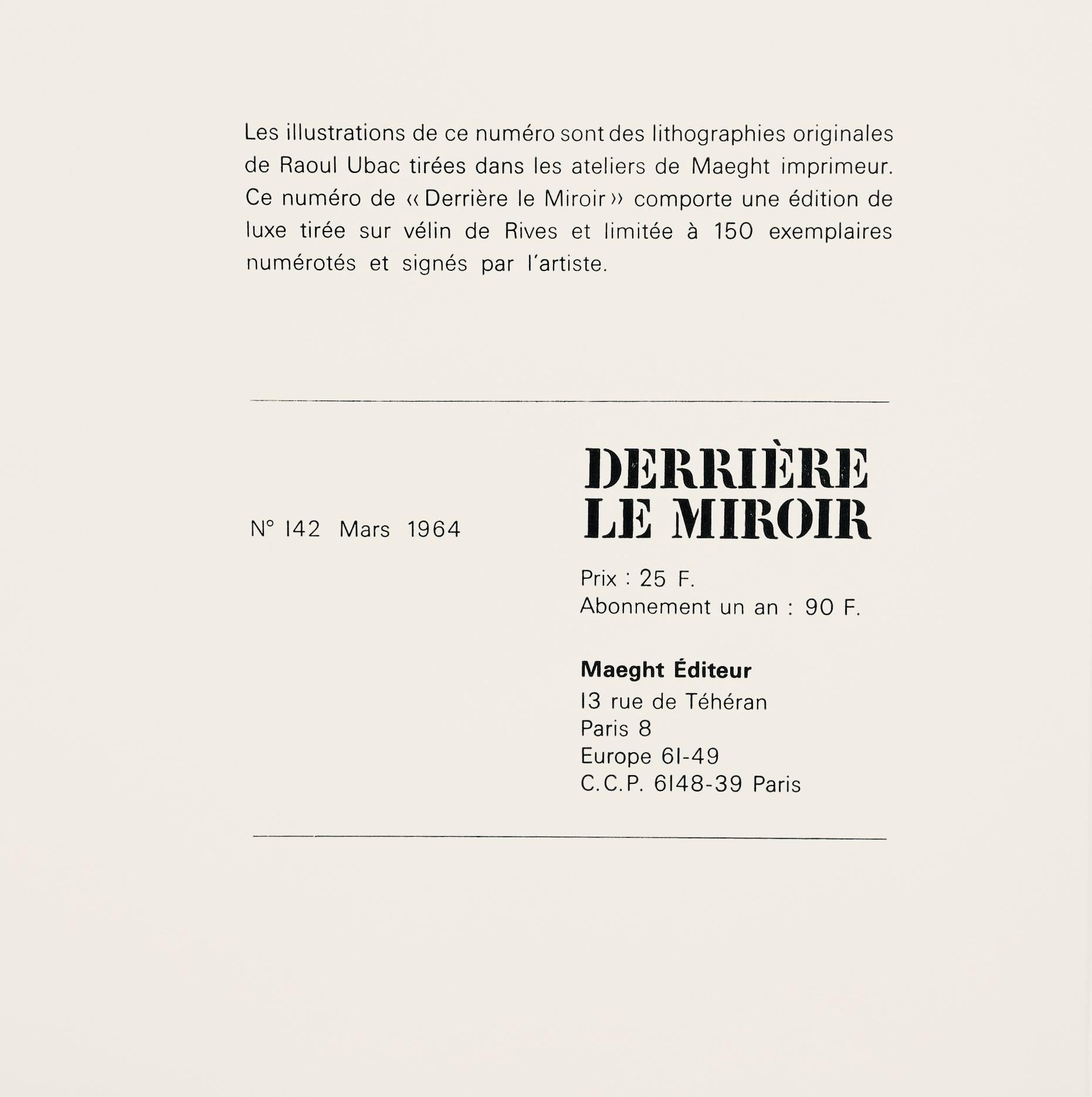 Litografia su carta vélin. Iscrizione: Non firmato e non numerato, come emesso. In buone condizioni, con piega centrale, come da edizione. Note: Da Derrière le miroir, n. 142, 1964. Pubblicato da Aimé Maeght, Éditeur, Parigi; stampato da Éditions