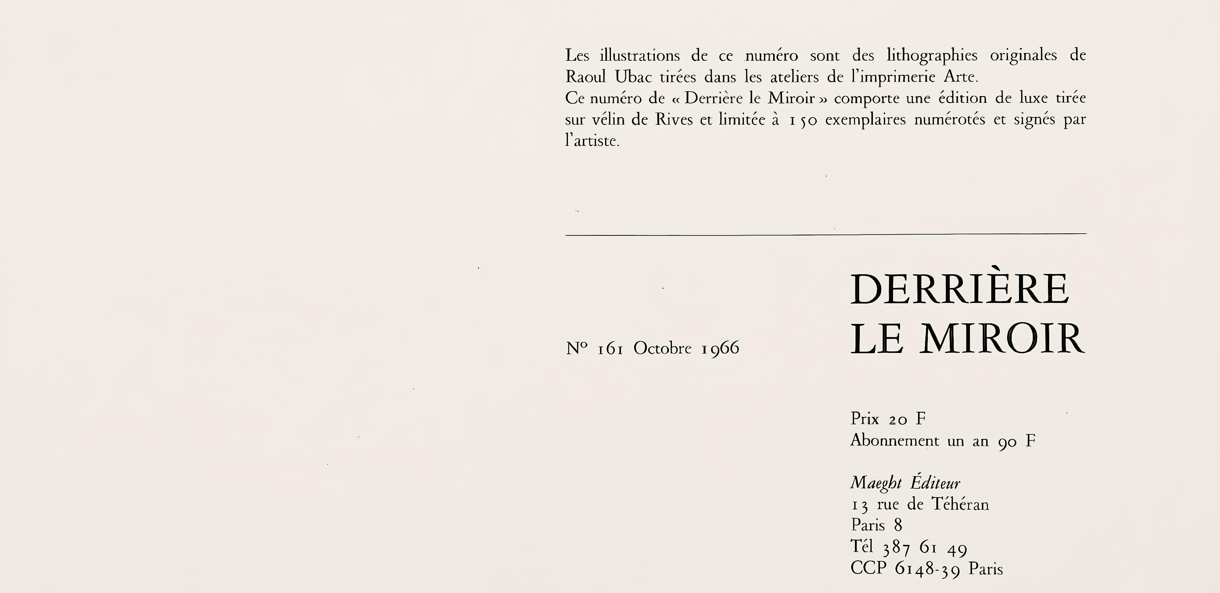 Lithographie auf Velinpapier. Beschriftung: Unsigniert und nicht nummeriert, wie ausgegeben. Guter Zustand, mit Mittelfalte, wie ausgegeben. Anmerkungen: Aus Derrière le miroir, Nr. 161, 1966. Herausgegeben von Aimé Maeght, Éditeur, Paris; gedruckt