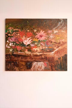 Expressionist painting of flowers on a table -  'Pink Flowers'