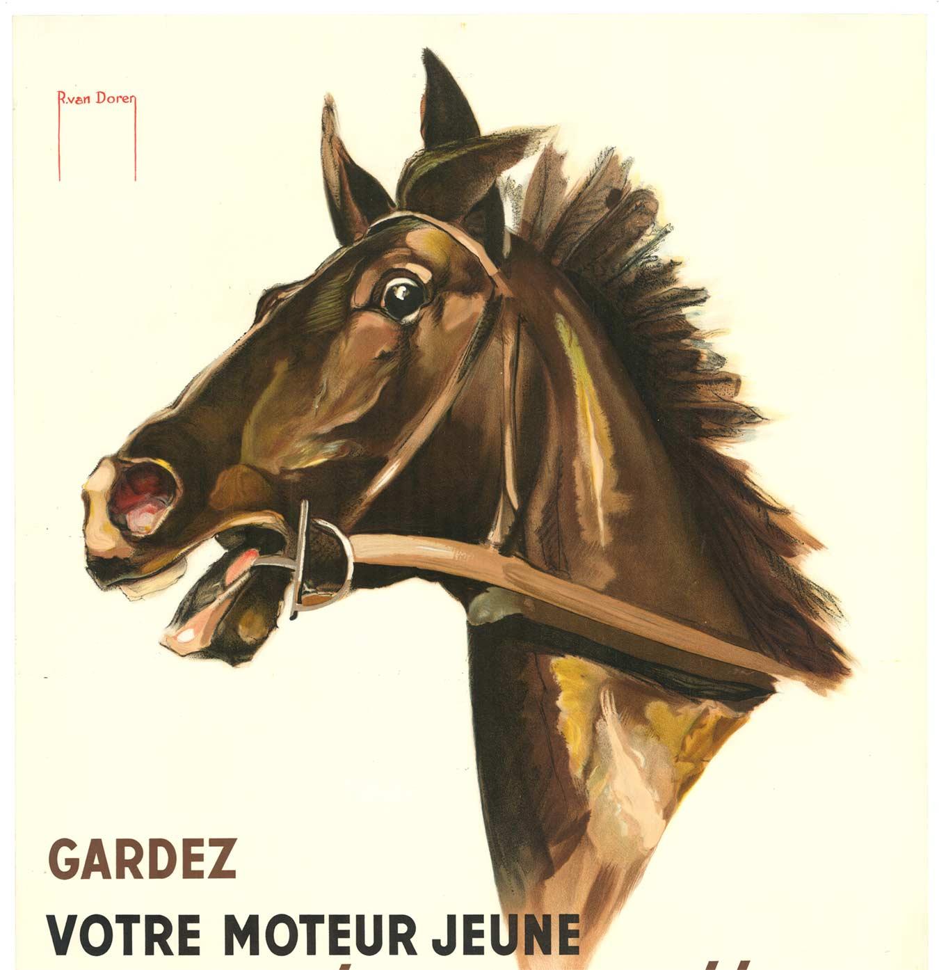 Affiche suisse vintage originale Texas Motor Oil  cheval - Print de Raoul Van Doren