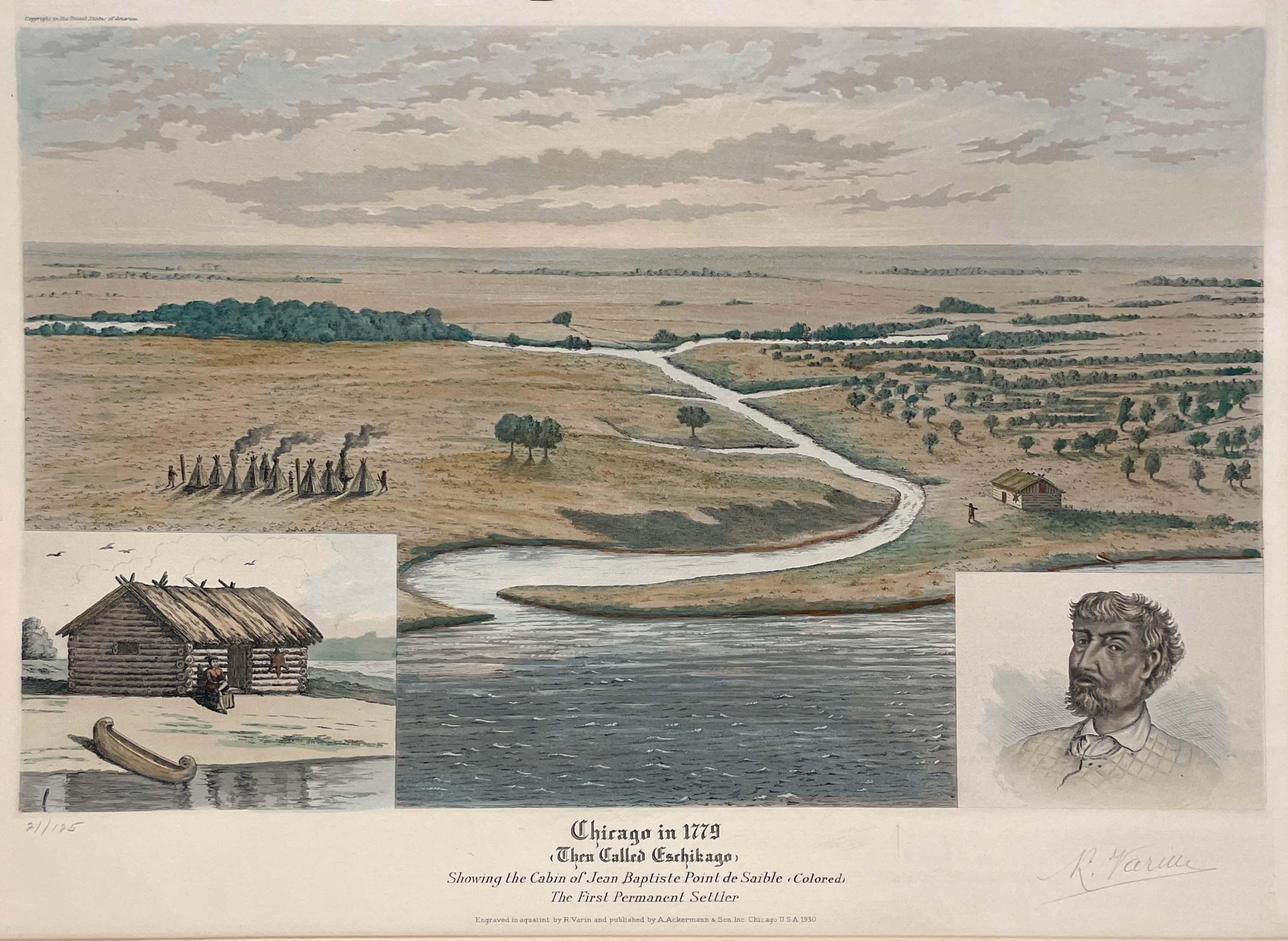 Una litografia a colori su carta del 1930 dell'artista Raoul Varin, intitolata "Chicago nel 1779 (allora chiamata Eschikago)".  Archiviato con un formato di 20" x 24 5/8".  Provenienza:  Arthur Ackerman & Son, Inc., Chicago, IL - Stampato nel 1930. 