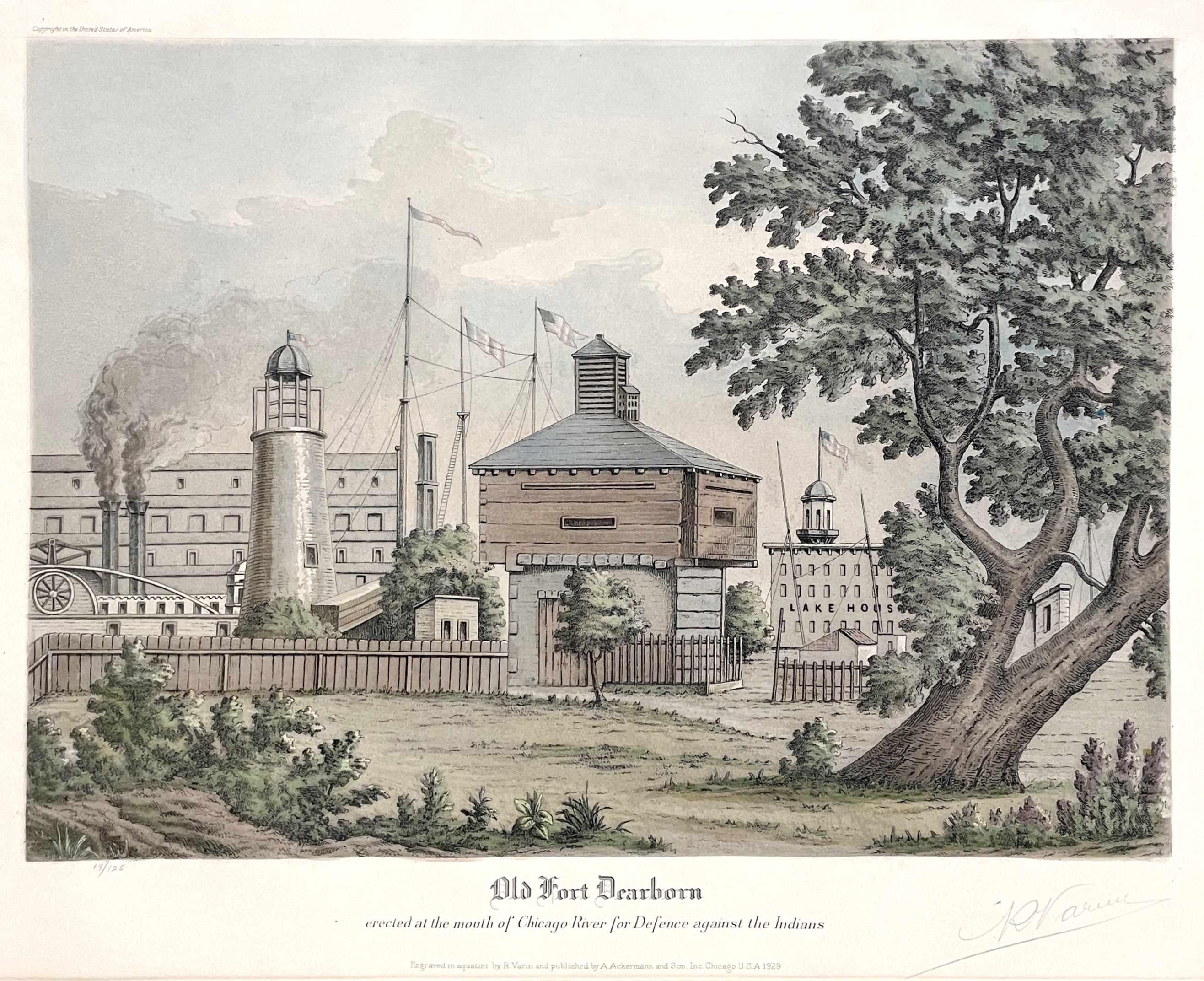 Litografía de 1929 de "Old Fort Dearborn" de Raoul Varin